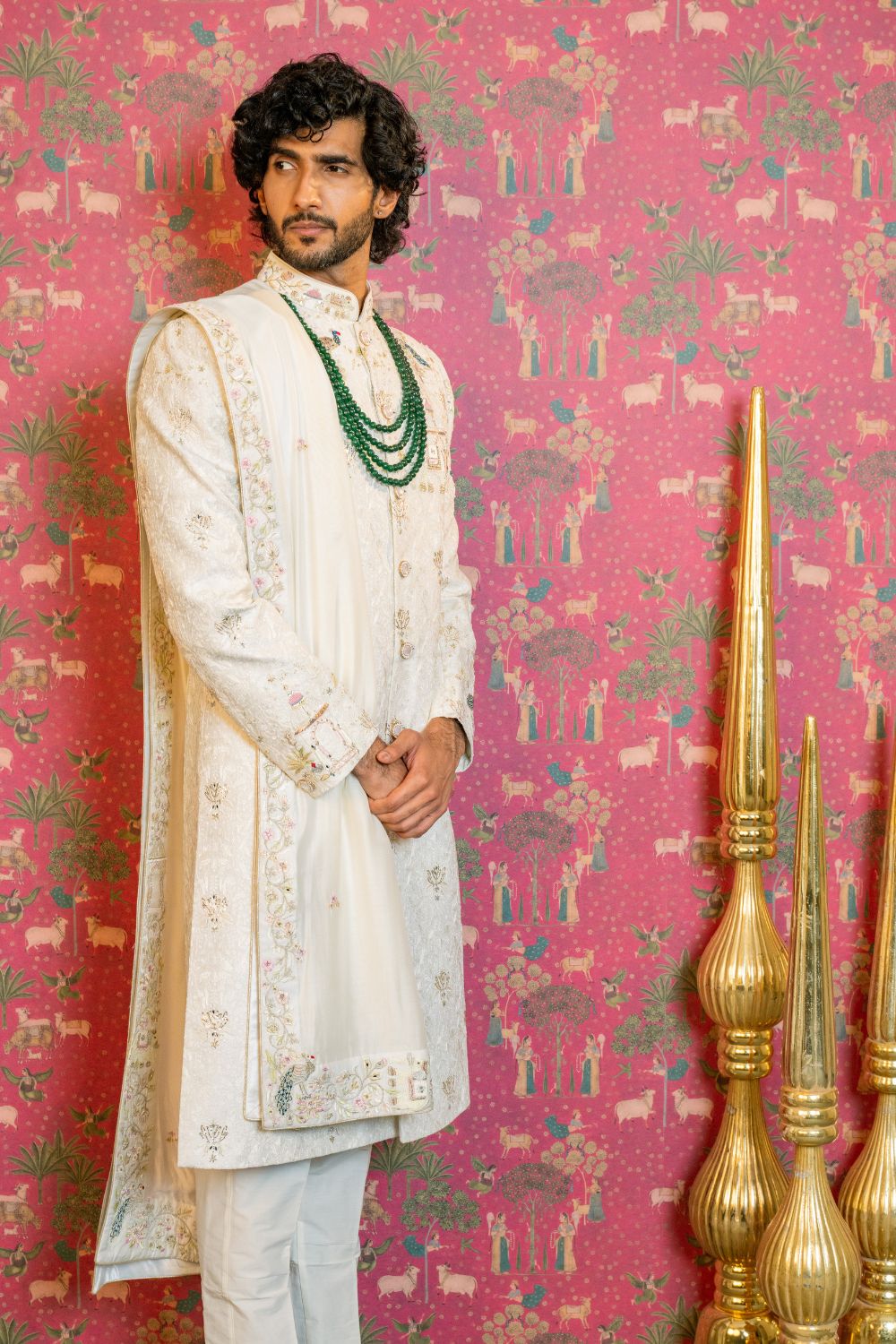 Ivory Silk Jacquard Sherwani with Resham and Zardosi Work