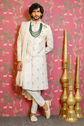 Ivory Silk Jacquard Sherwani With Resham And Zardosi Work