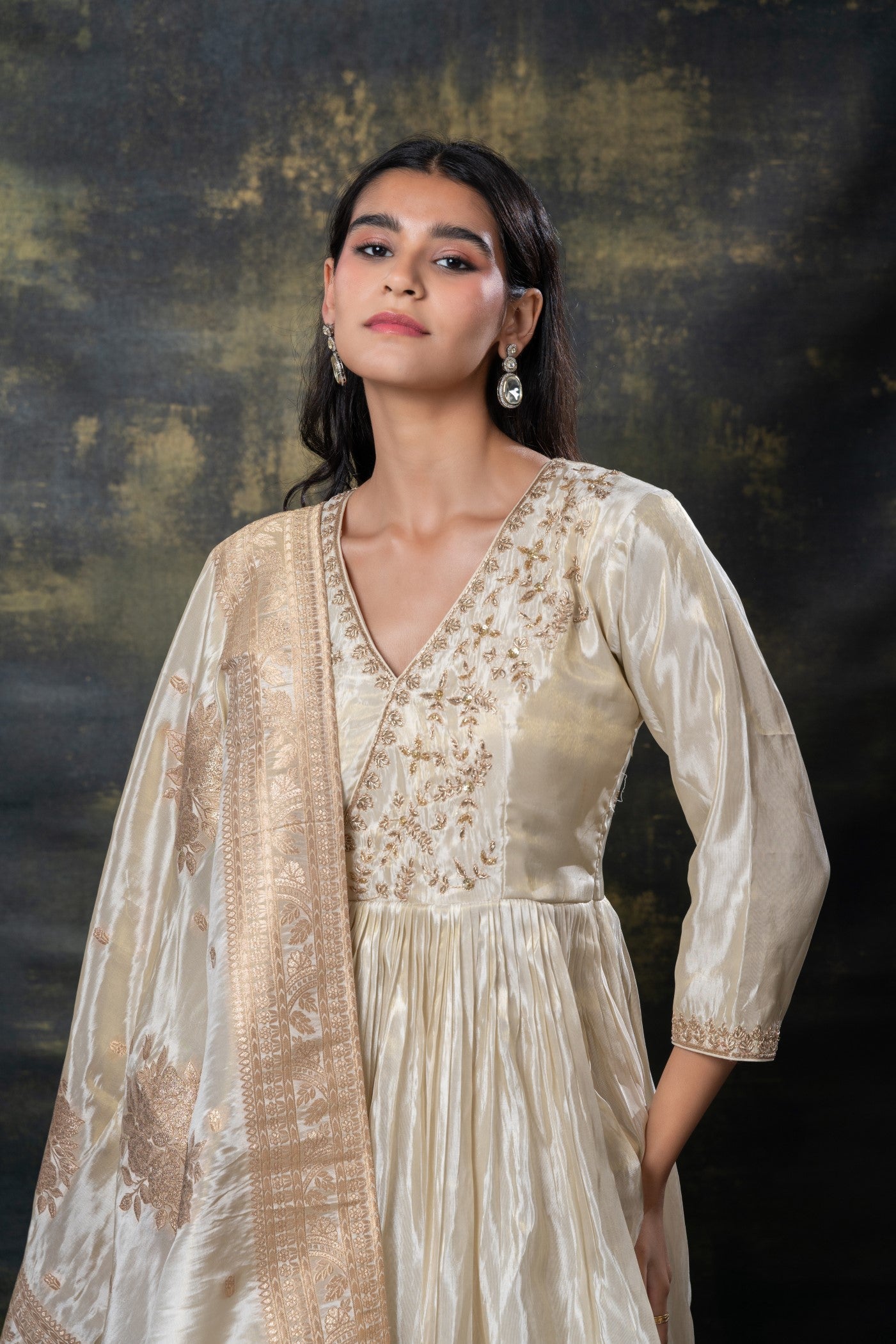 Ivory white satin silk zari embroidered gown
