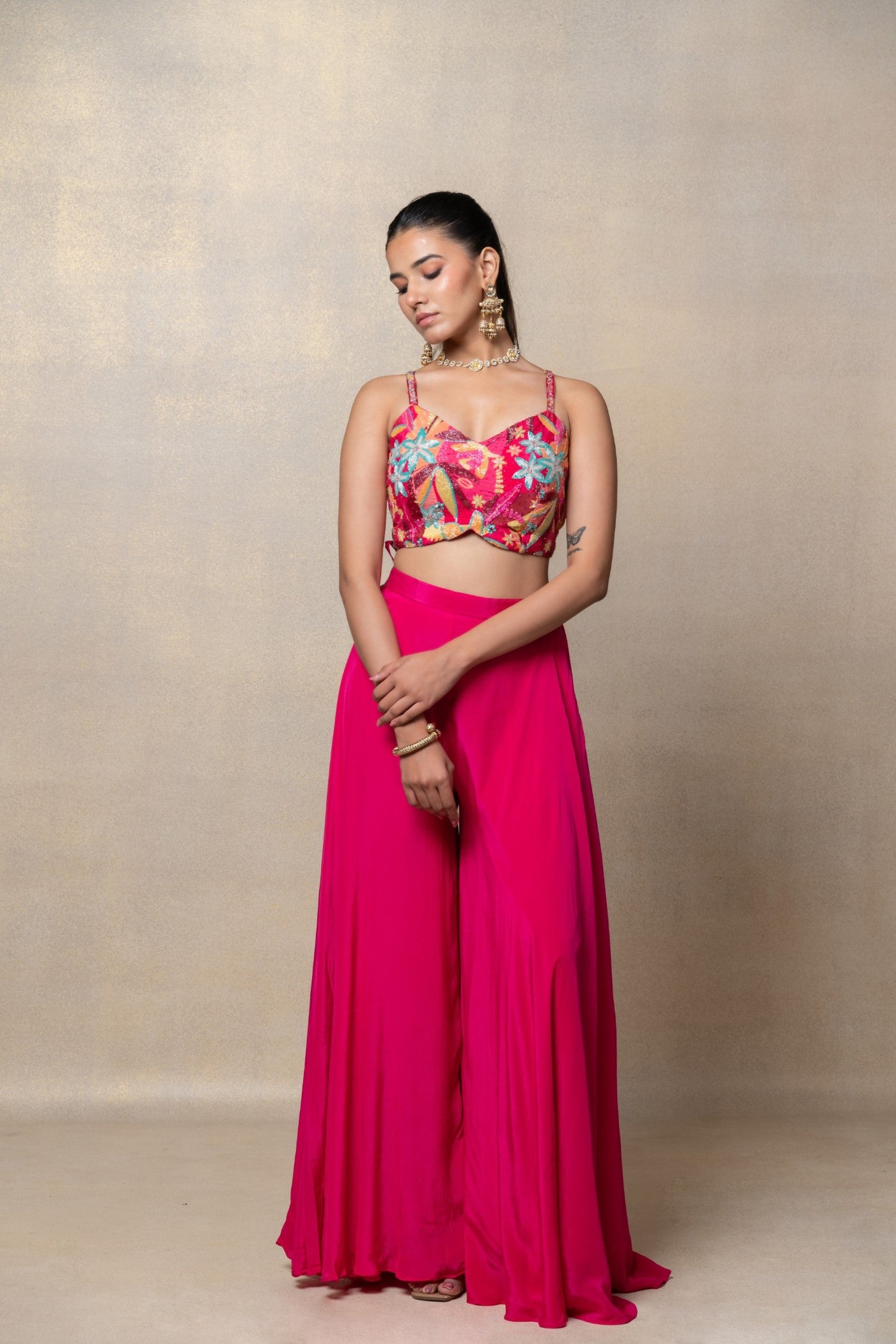 Deep pink soft silk sequinned indo-western set