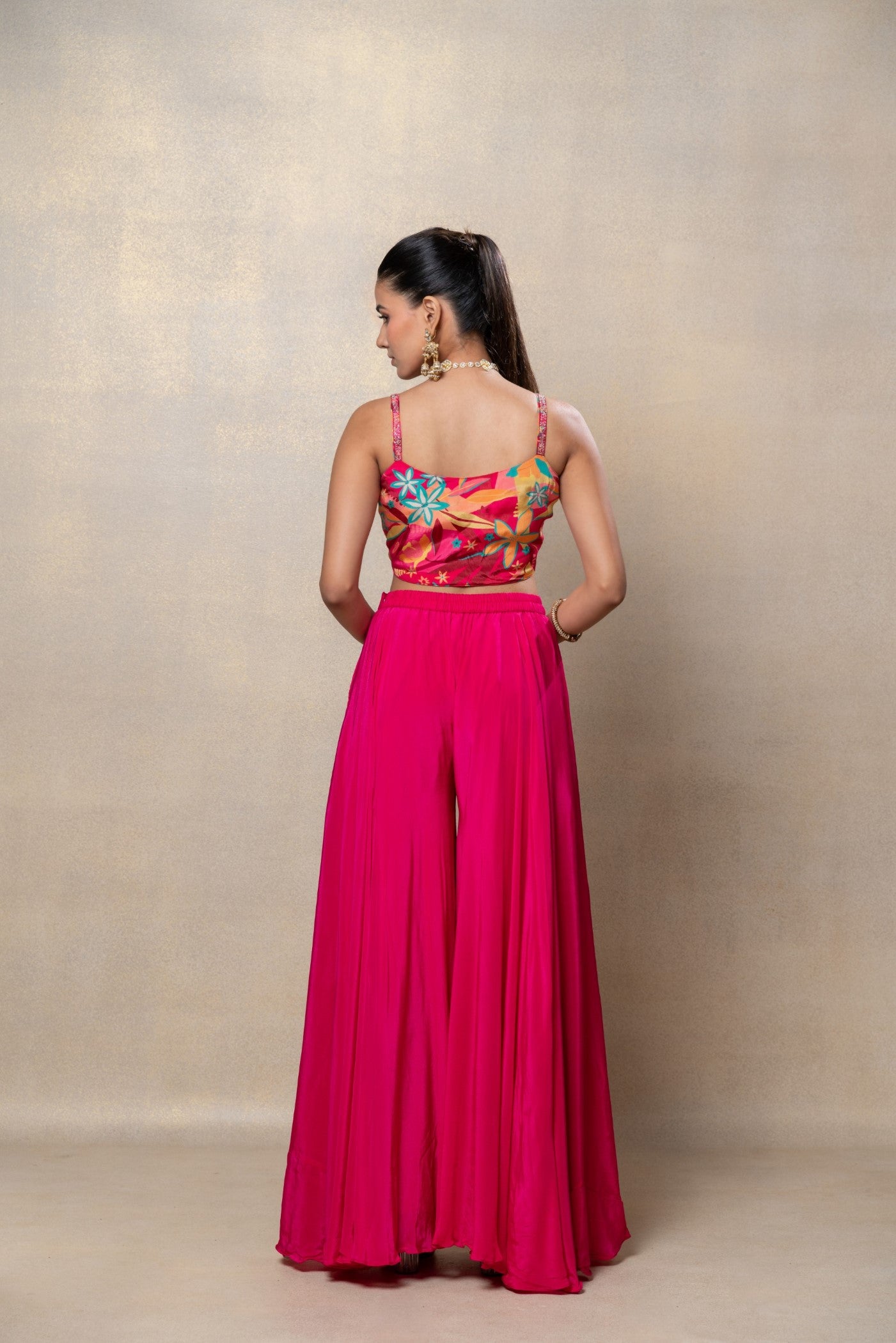 Deep pink soft silk sequinned indo-western set