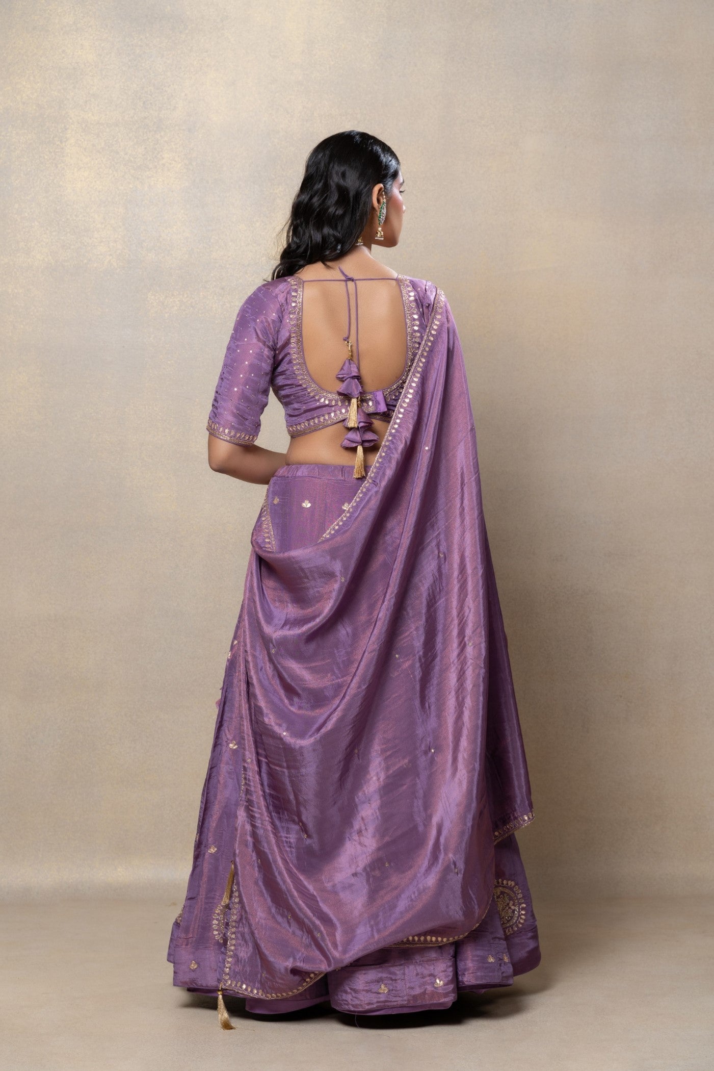 Rich lilac mirror and zari embellished soft silk lehenga set