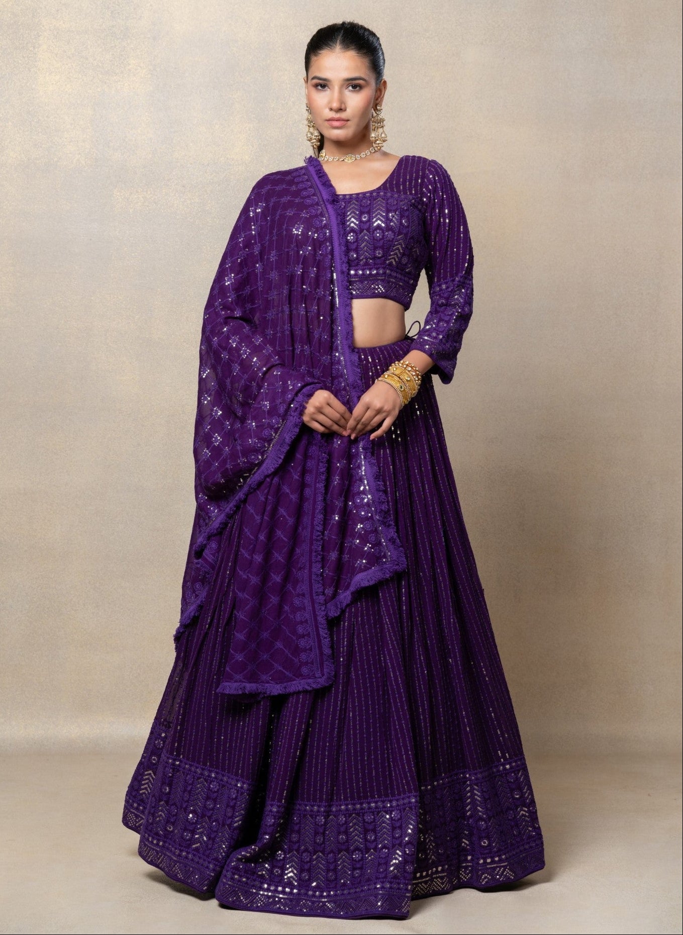 Indigo purple sequinned georgette silk lehenga choli