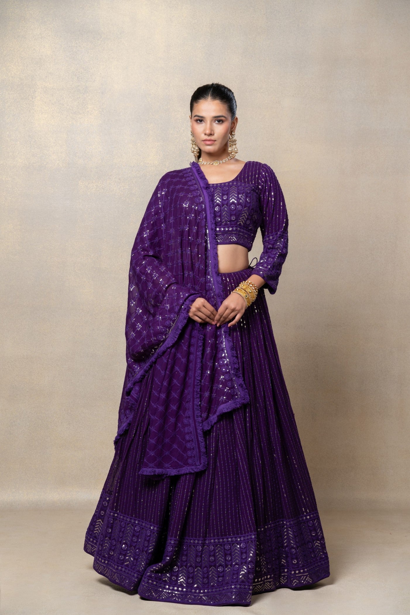 Indigo purple sequinned georgette silk lehenga set