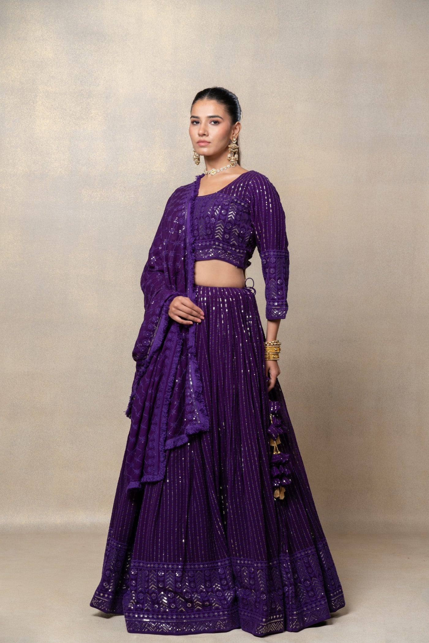 Indigo purple sequinned georgette silk lehenga set