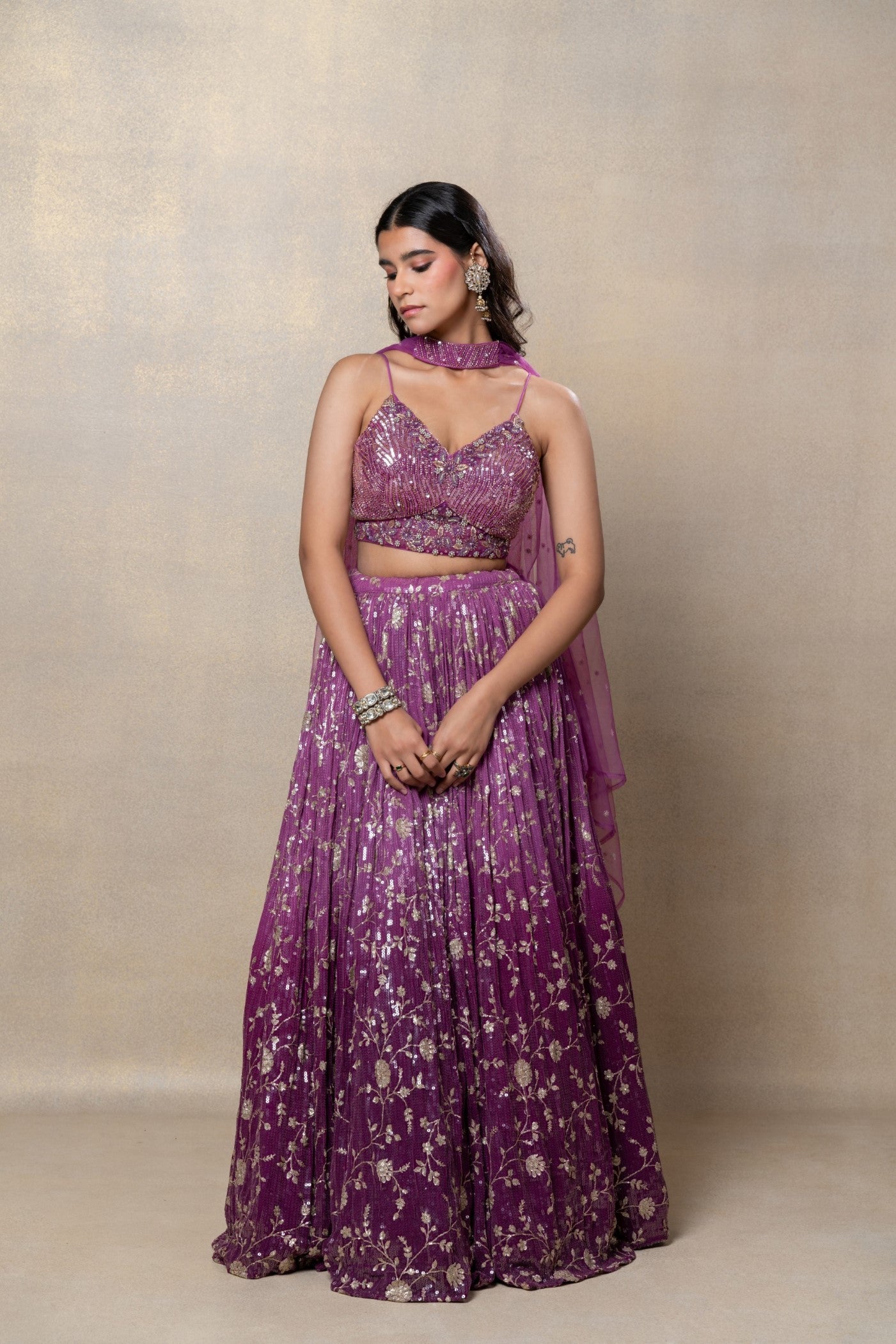 Ombre purple sequinned net lehenga set