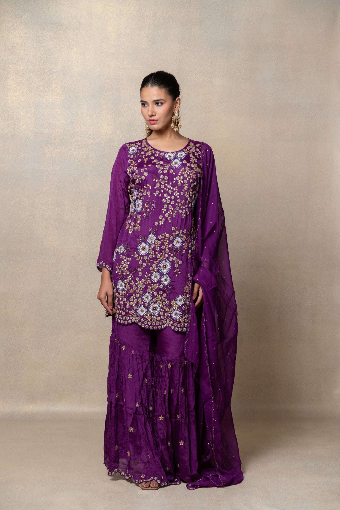 Indigo purple soft silk sequinned suit set
