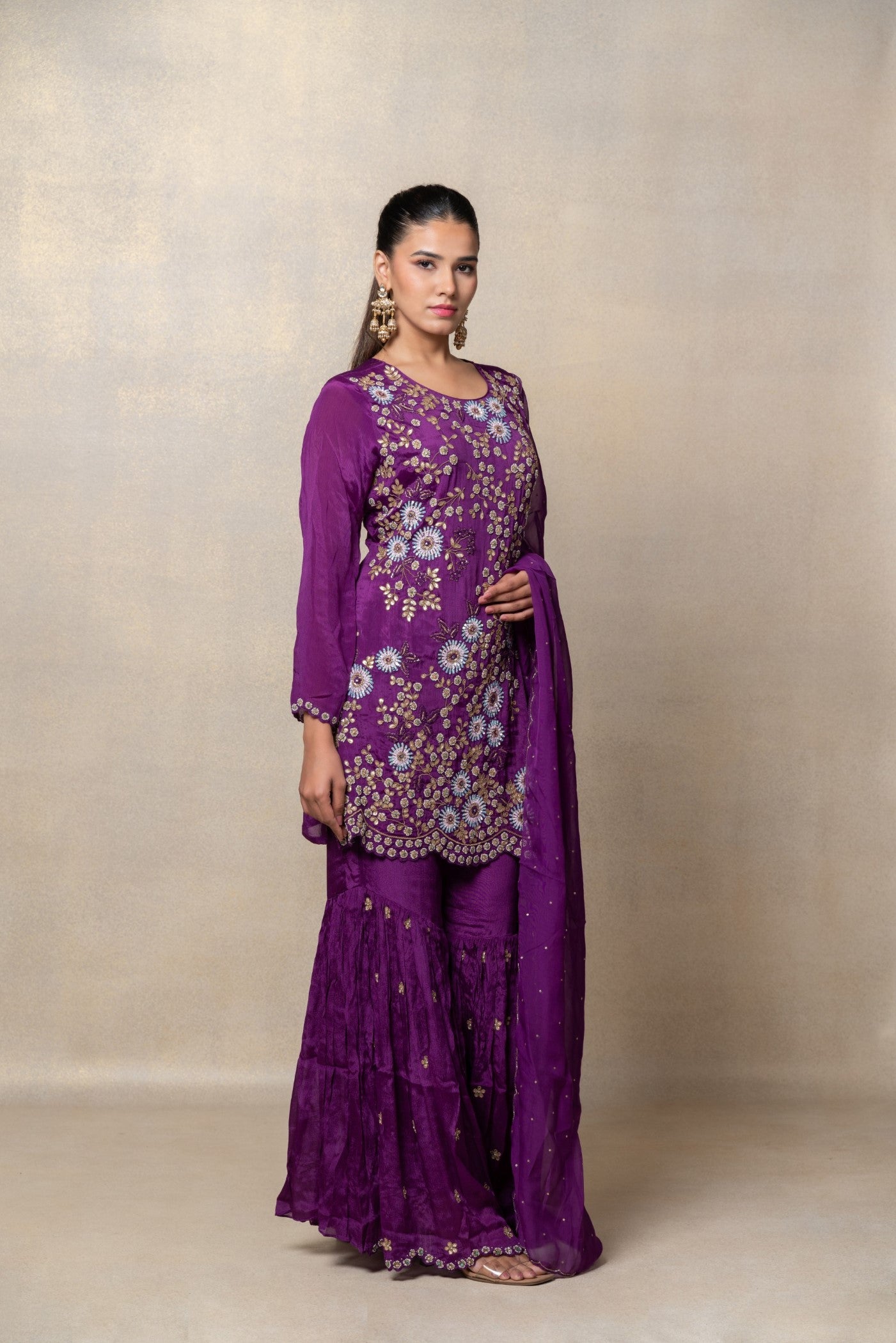 Indigo purple soft silk sequinned suit set
