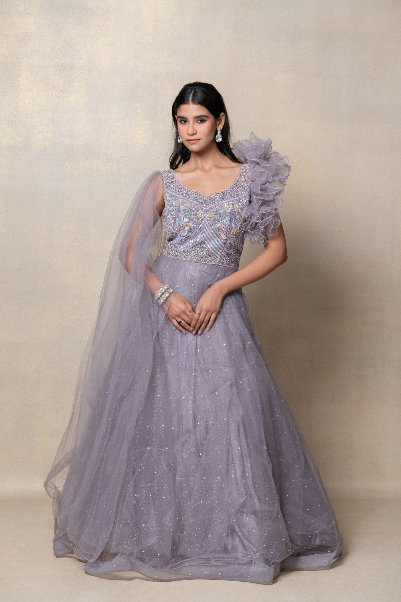 Buy Light Taupe Beige Sequins Embroidered Net Indowestern Gown Online |  Samyakk