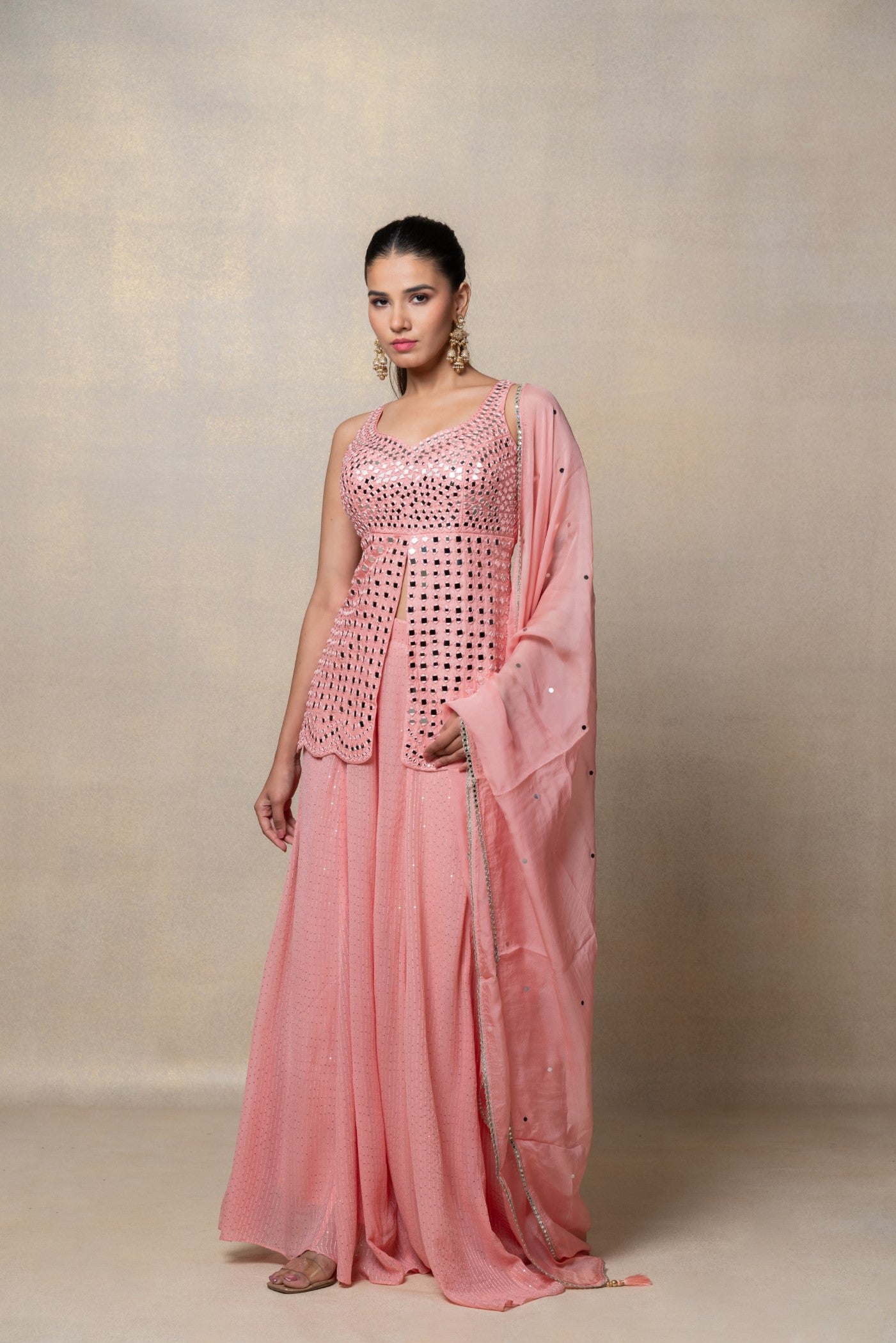 Baby pink mirror embellished soft silk indo-western set