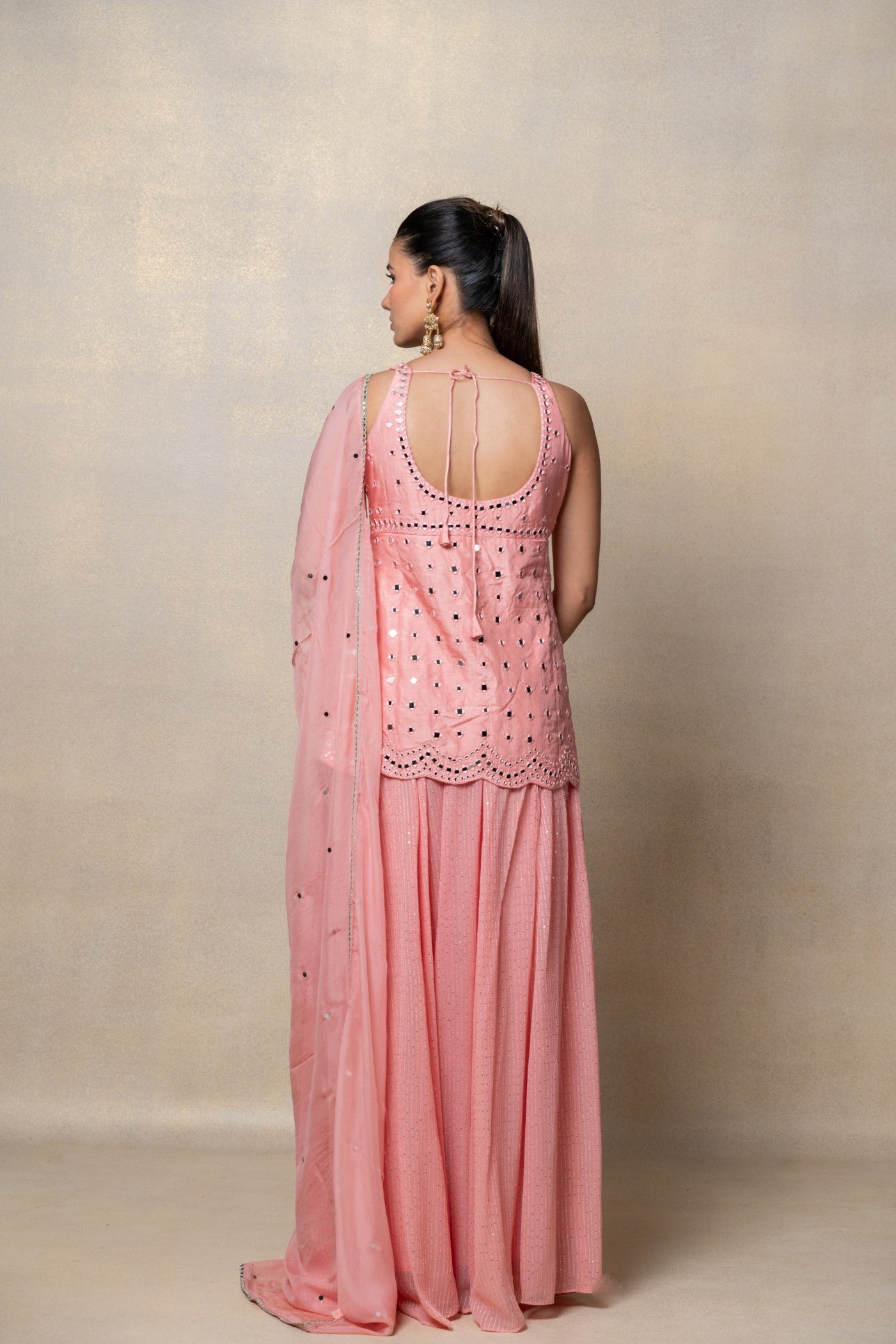 Baby pink mirror embellished soft silk indo-western set