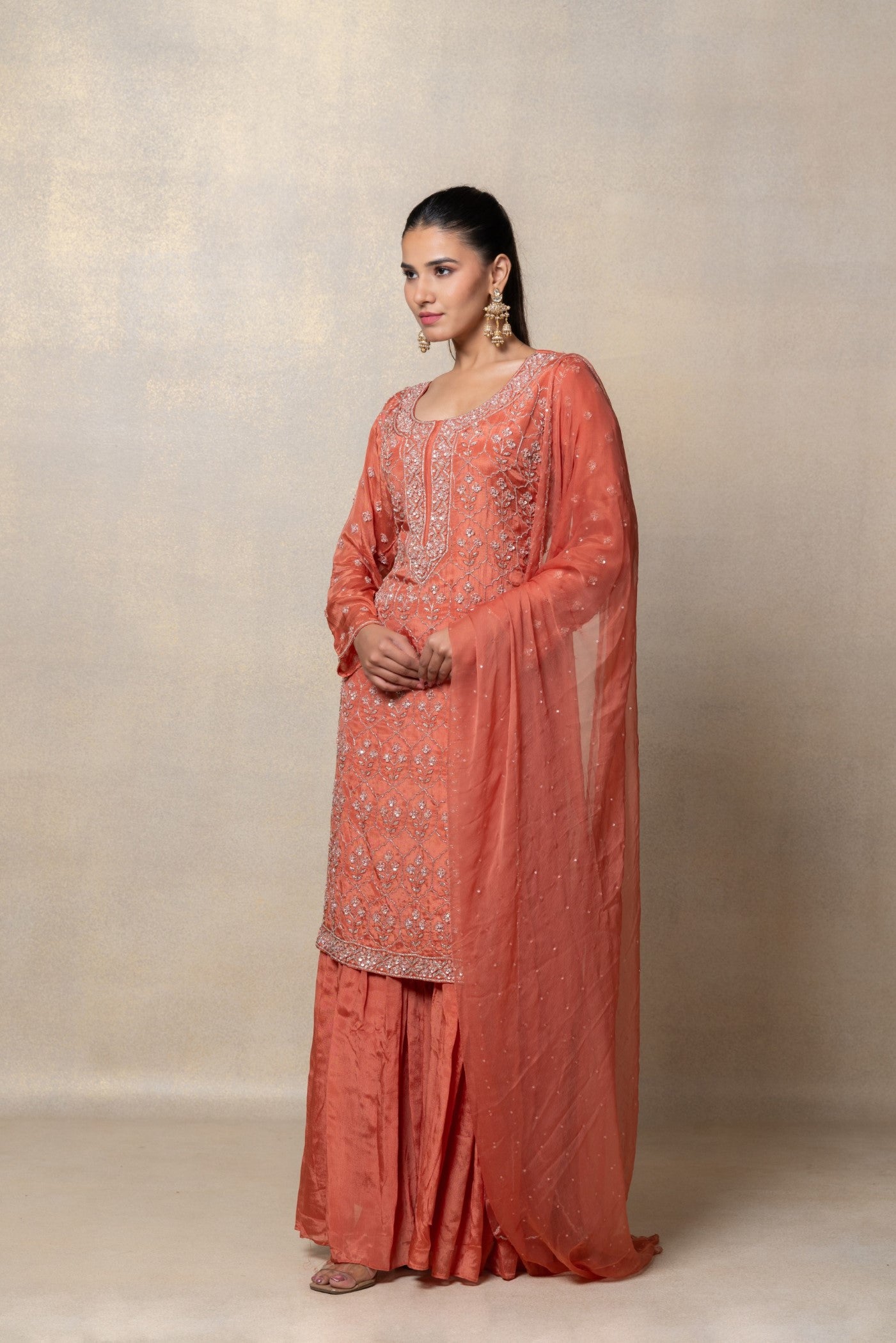 Brick red sequinned soft silk suit set