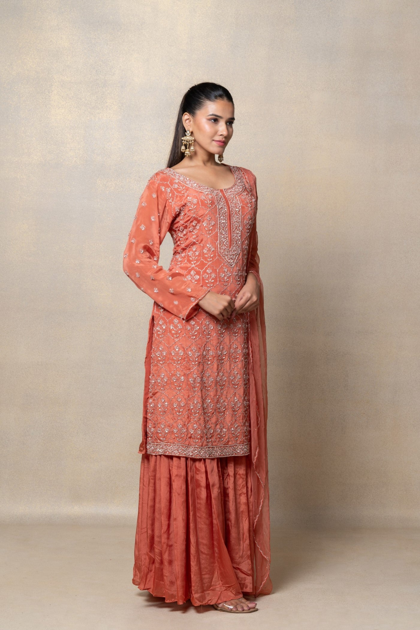 Brick red sequinned soft silk suit set