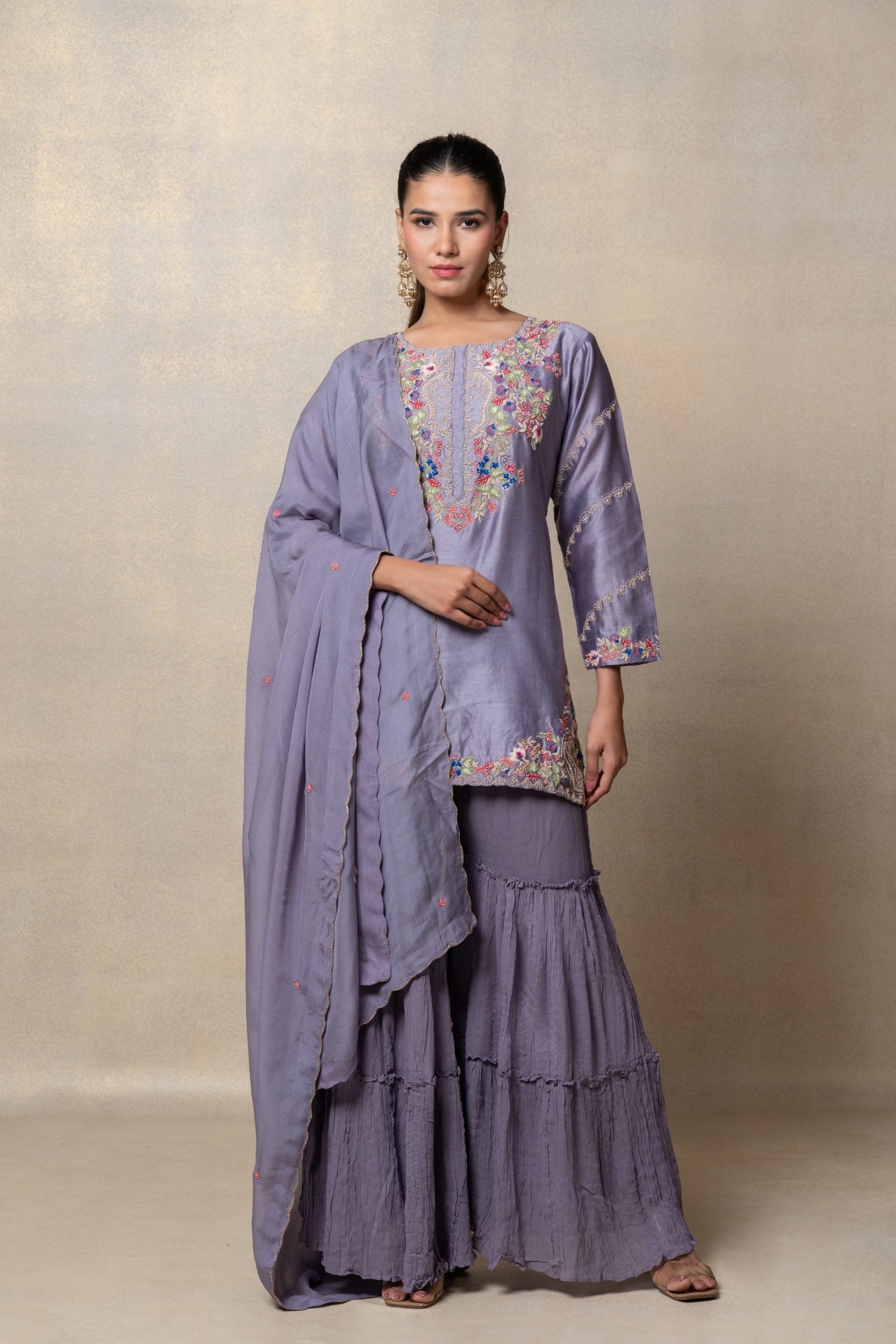 Light lavender satin silk resham embroidered suit set