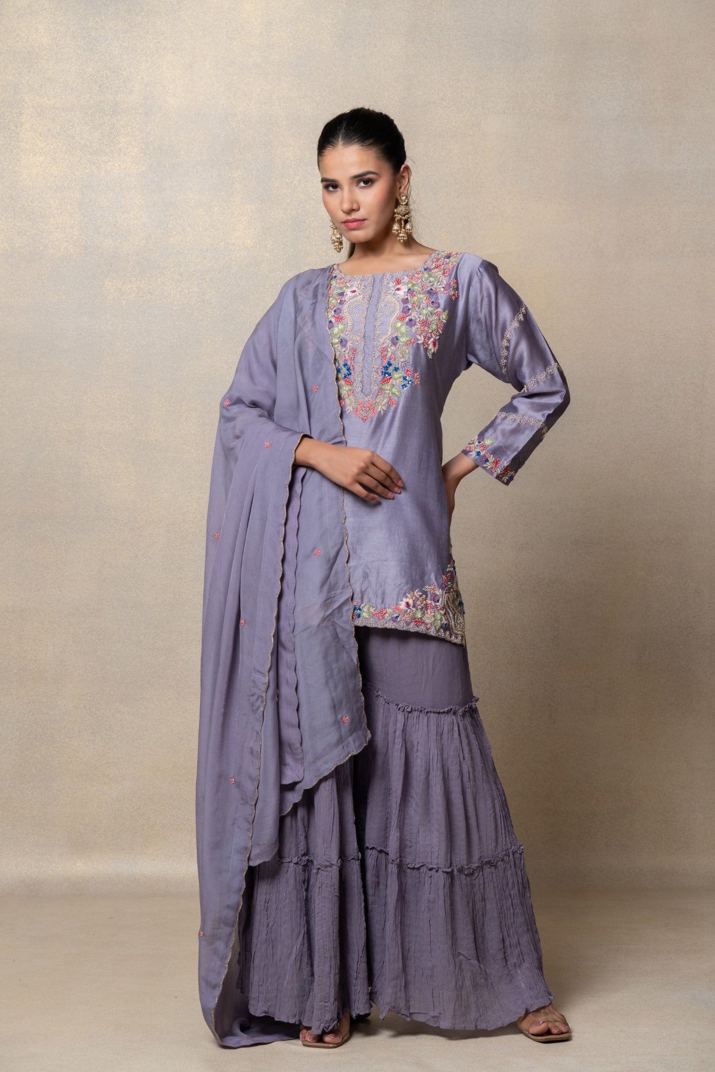 Light lavender satin silk resham embroidered suit set