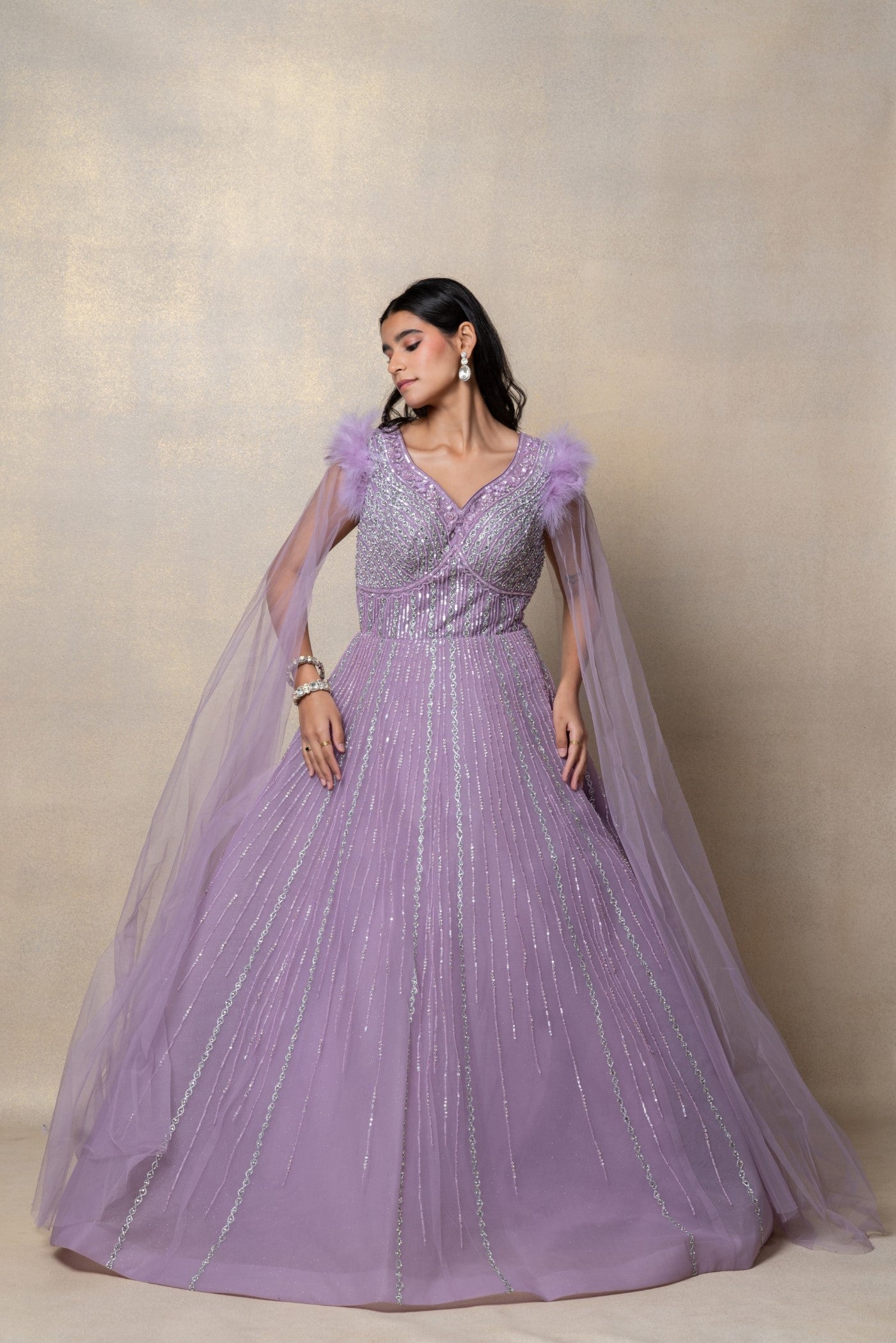 Bright lilac sequinned net gown
