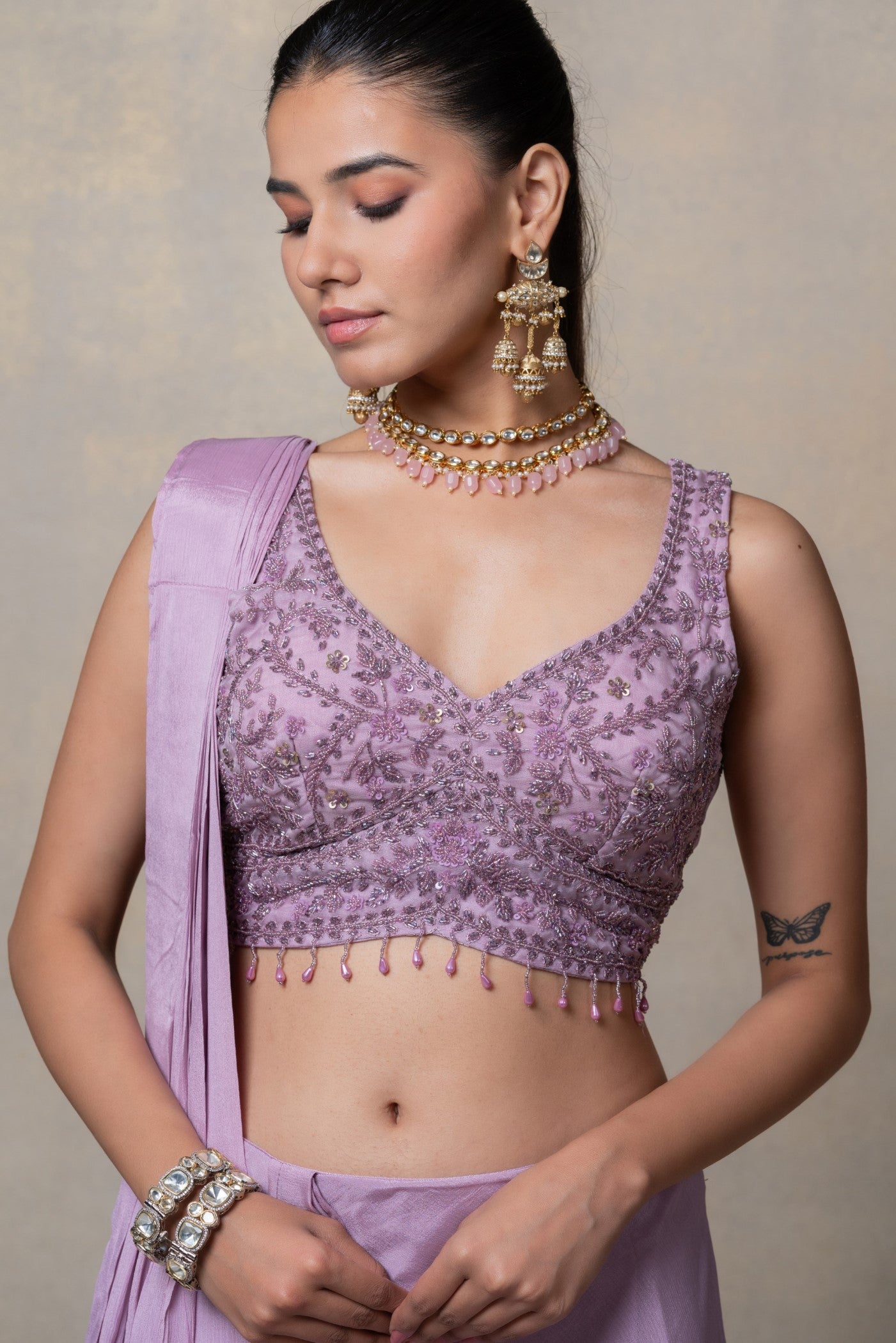 Pale lilac satin silk ready to wear saree