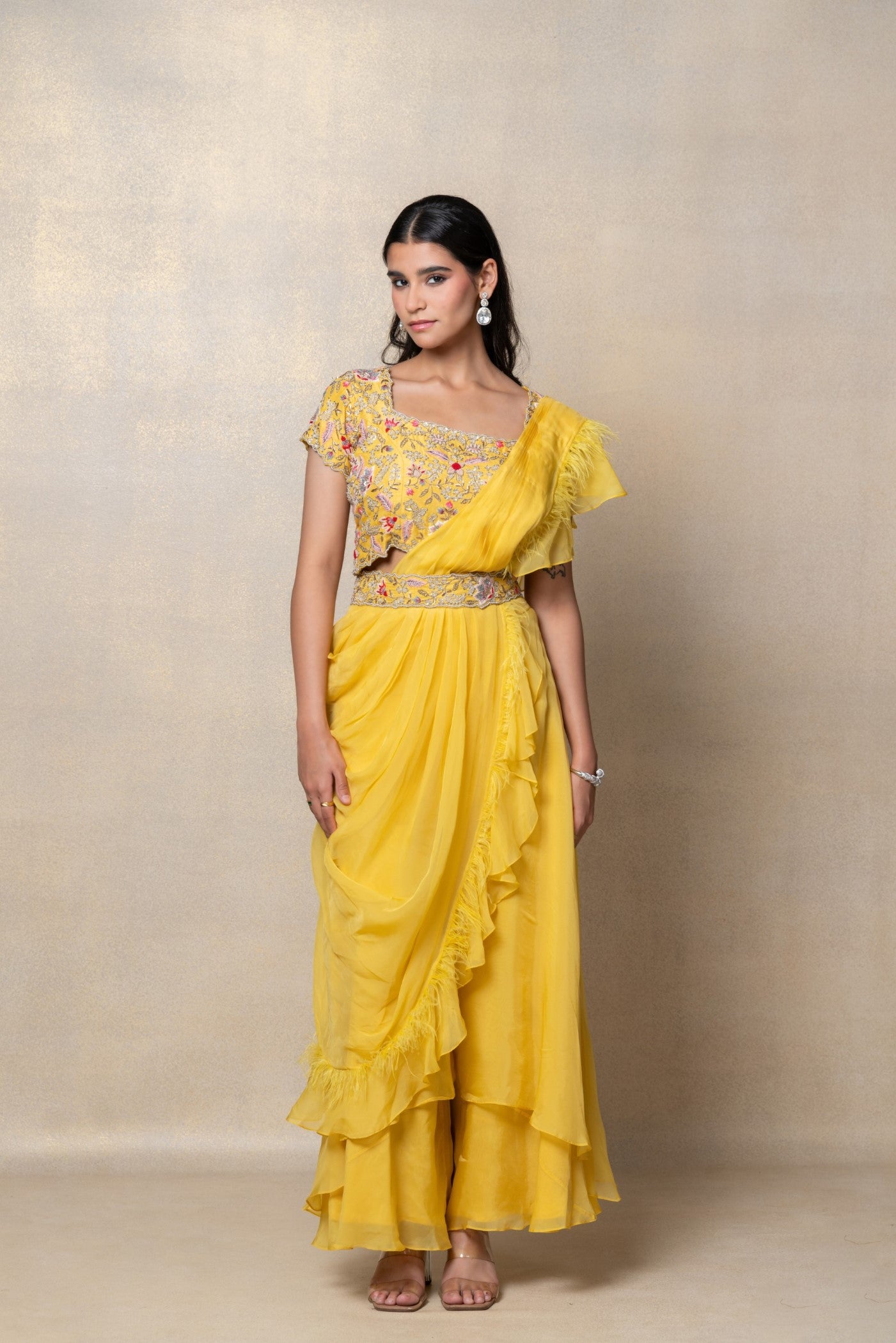 Sunflower yellow organza silk indo-western set