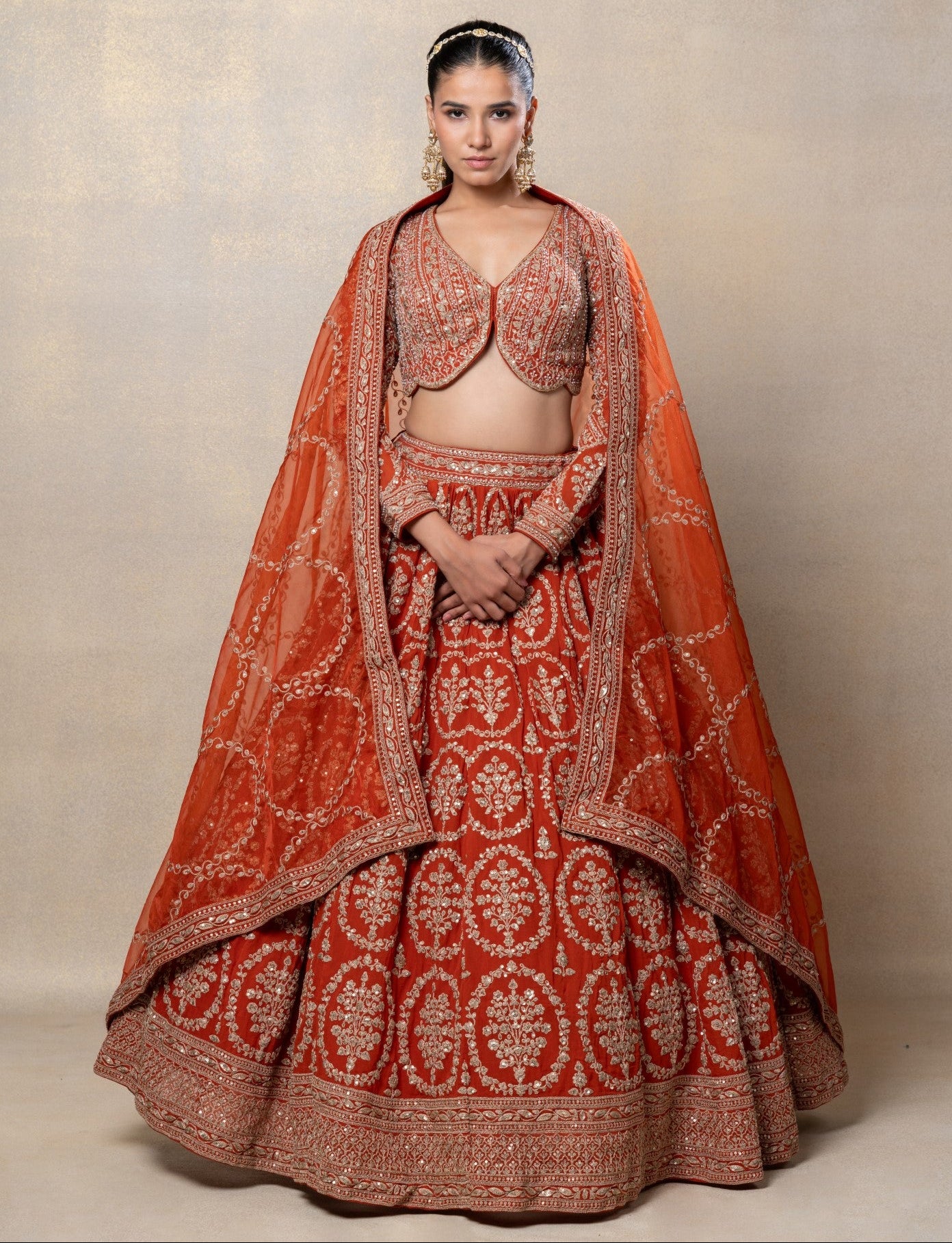 Mustard heavily embellished georgette organza lehenga set