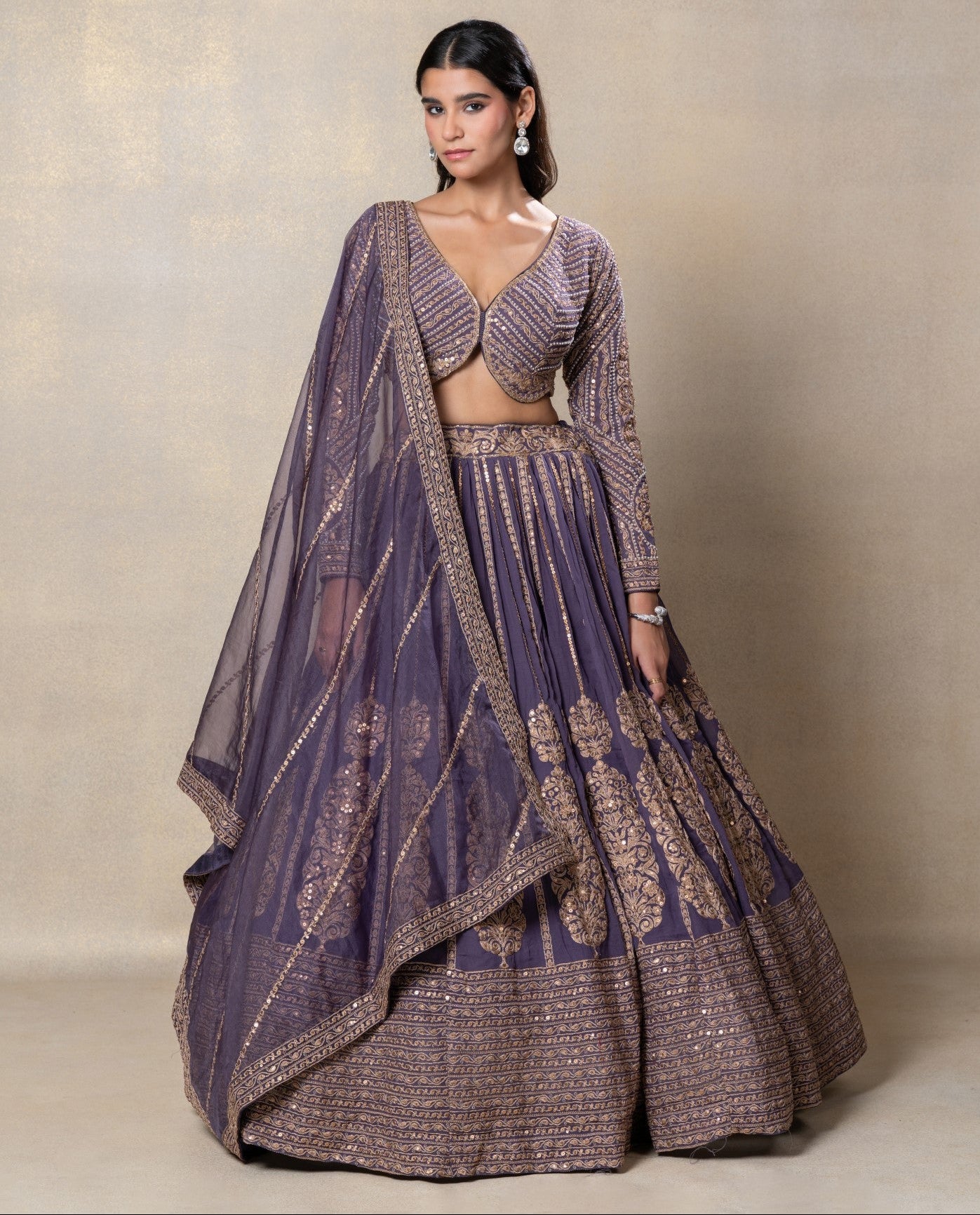 Iris purple heavily embellished georgette organza lehenga set