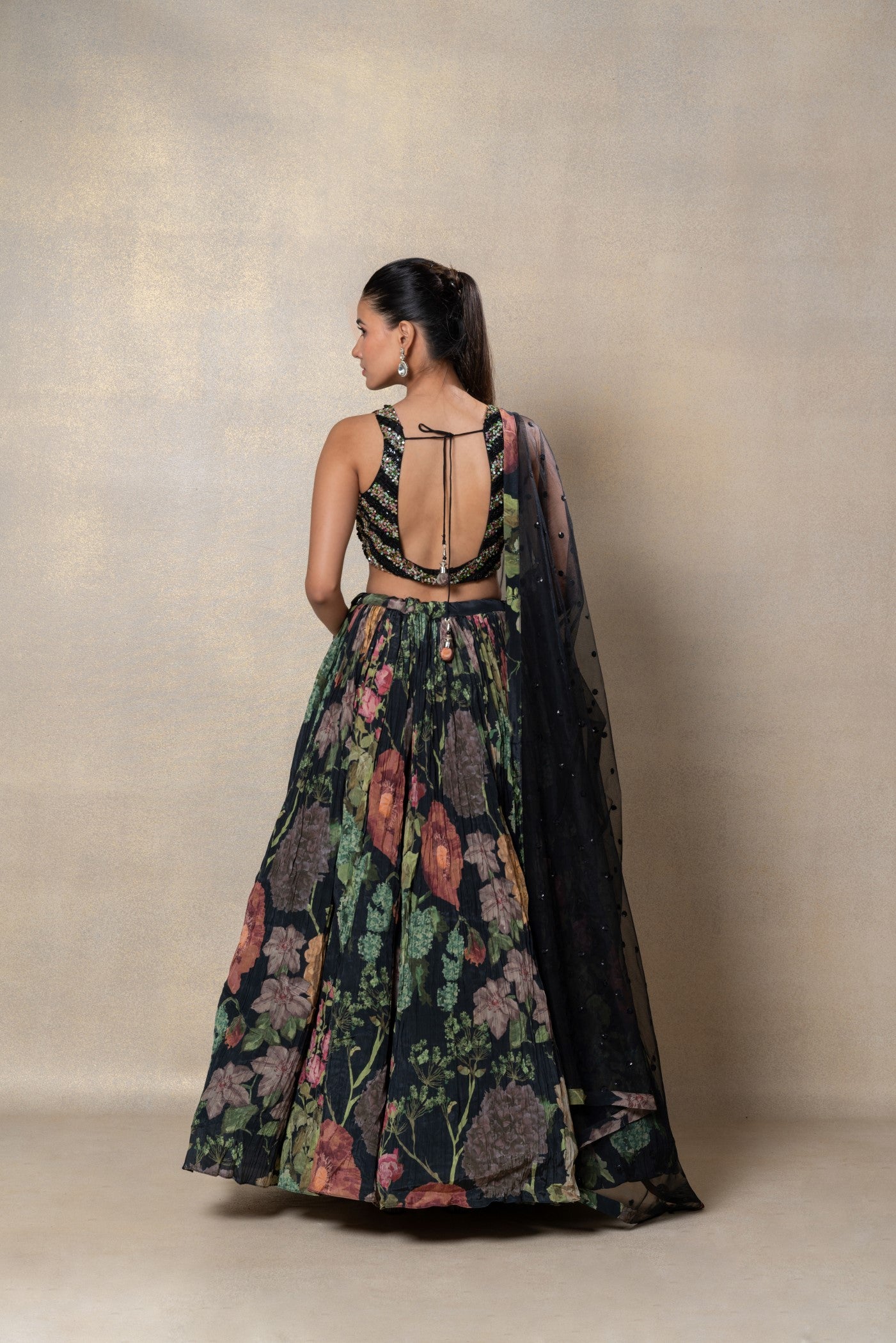 Sable black crepe silk sequins embroidered lehenga set