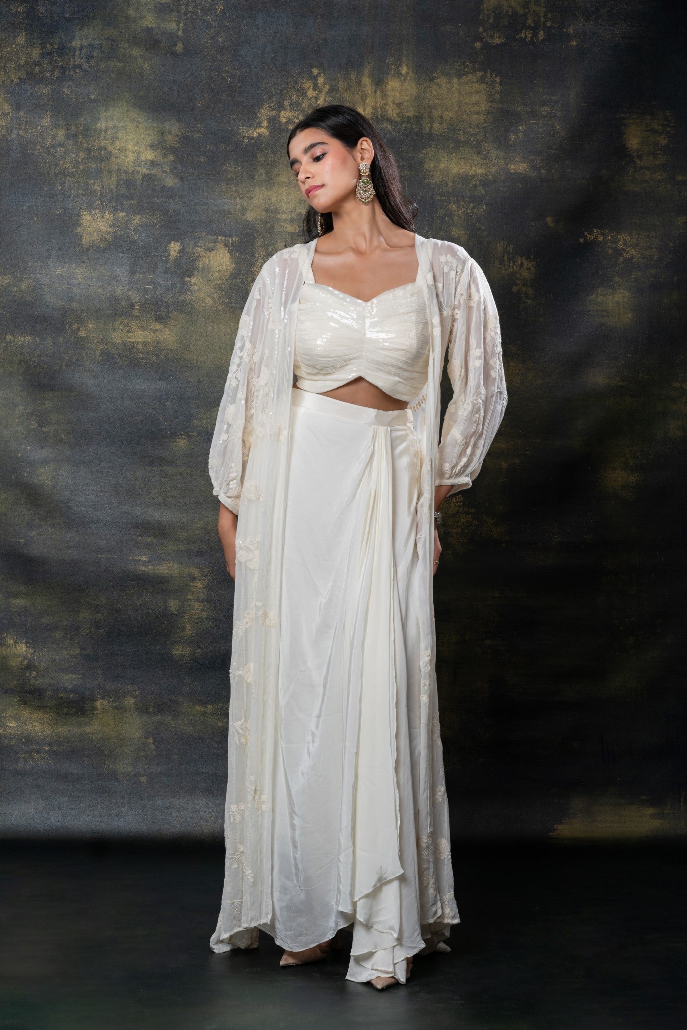 Porcelain white sequins embellished soft silk ino-western set