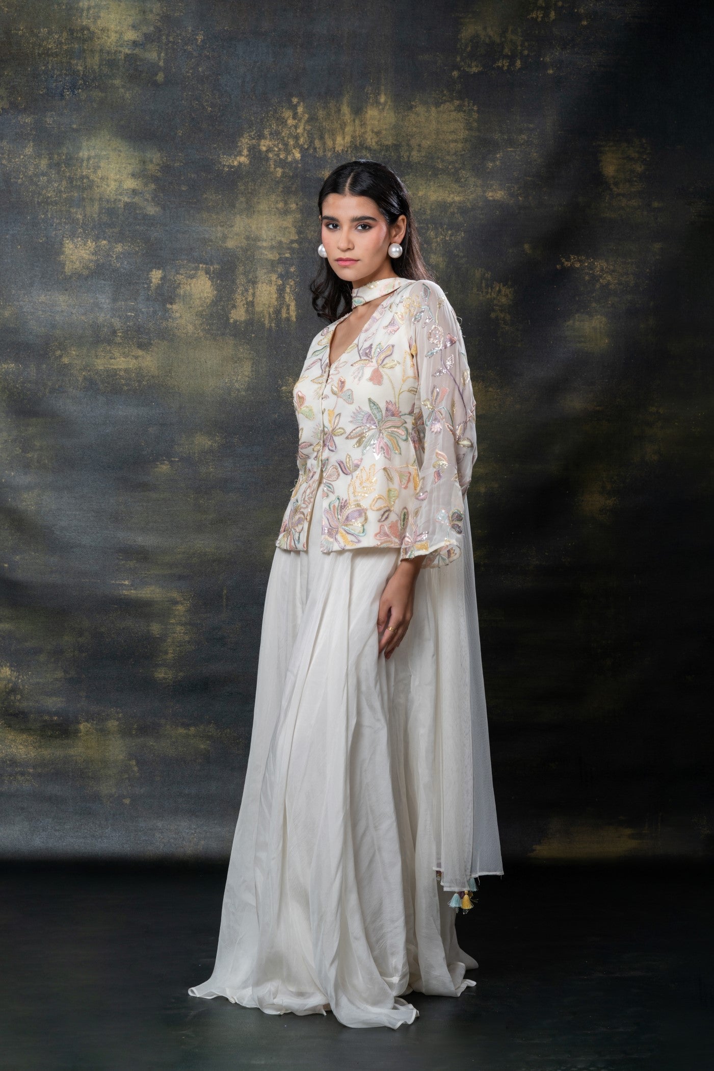 Pearl white sequins embroidered soft silk indo-western set