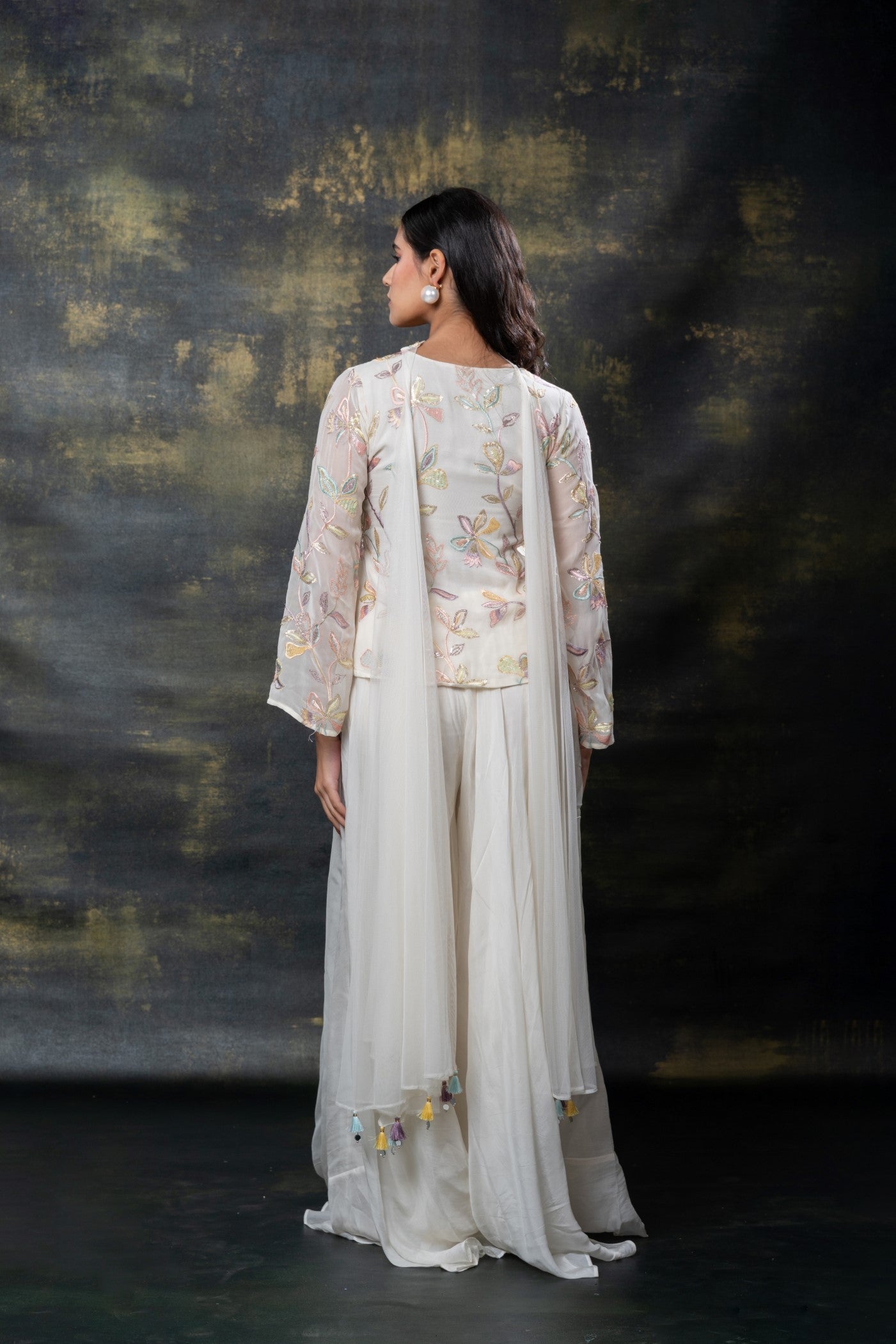 Pearl white sequins embroidered soft silk indo-western set