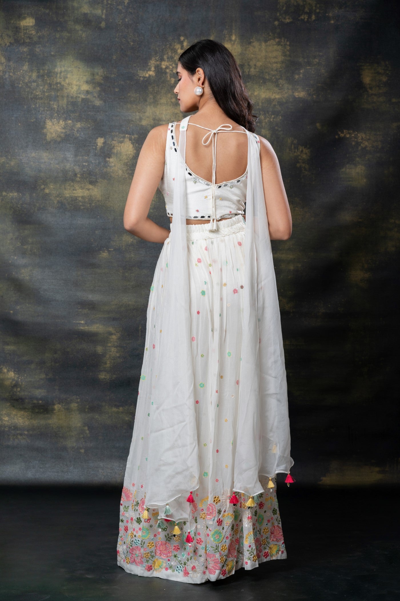 Pearl white mirror and sequins embellished georgette indo-western set