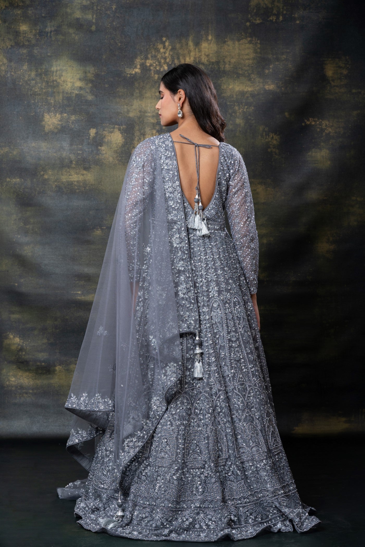 Silver grey heavily embroidered net indo-western set