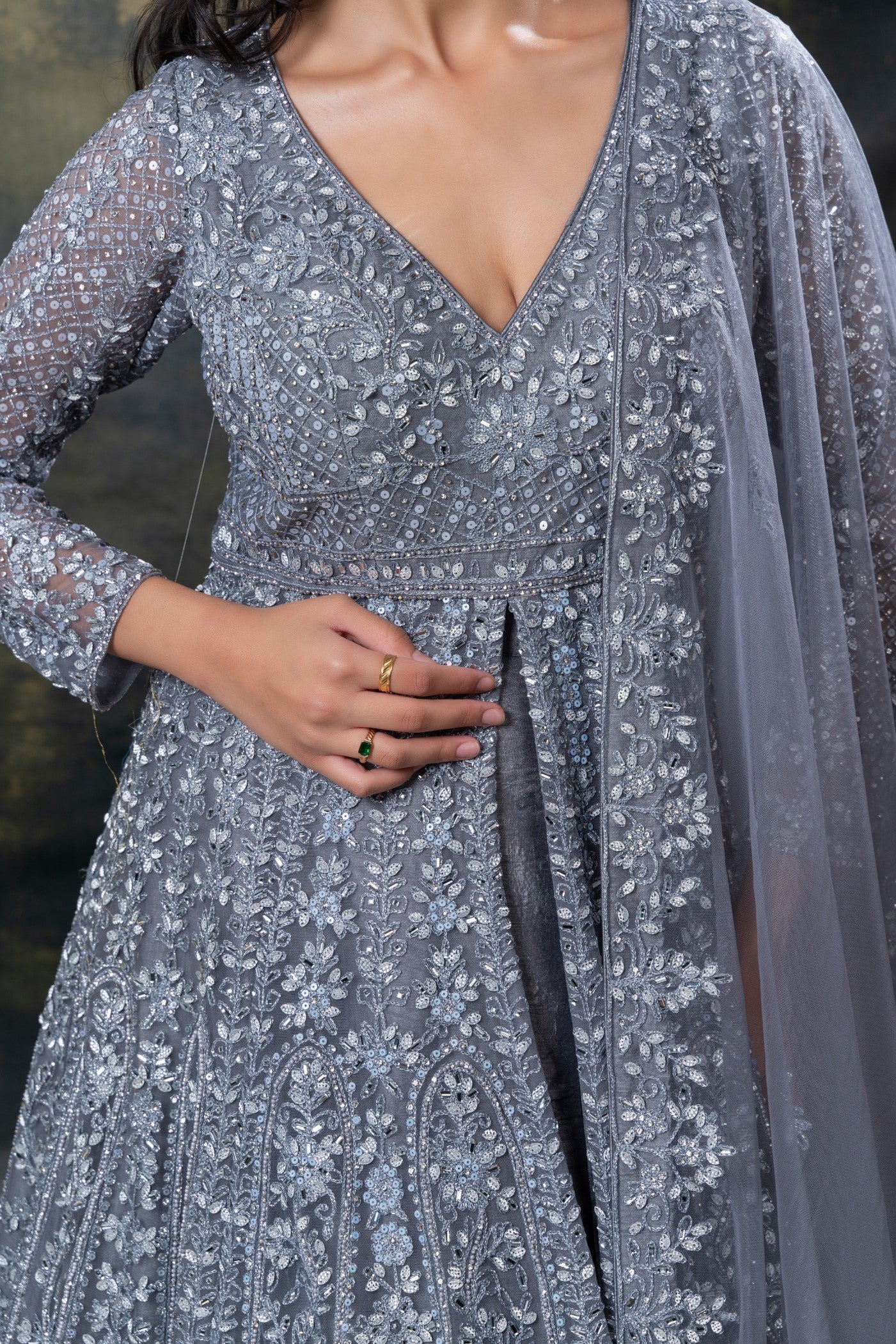 Silver grey heavily embroidered net indo-western set