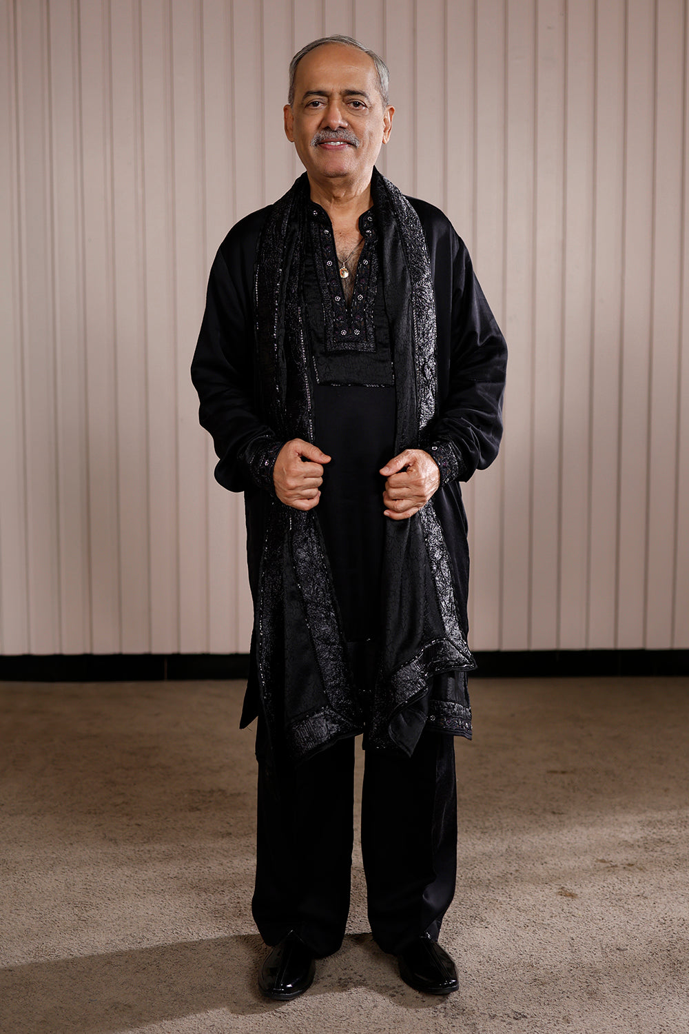 Black Satin Linen Kurta Set with Stone and Cutdana Work