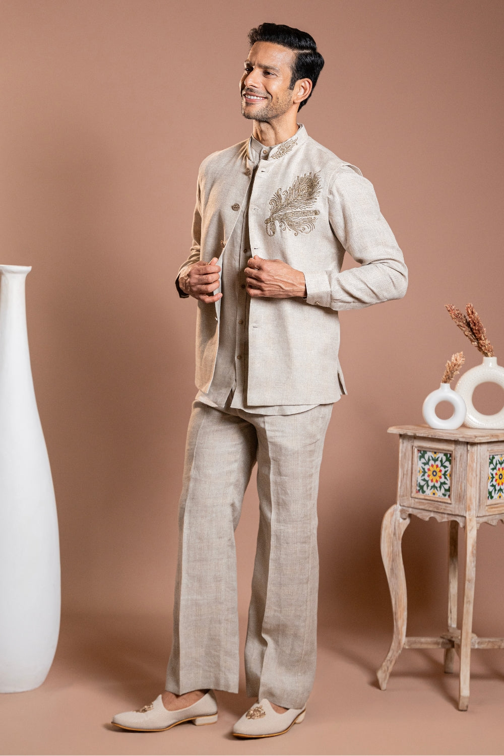 Khaki Linen Koti Set with Moti and Zardosi Work