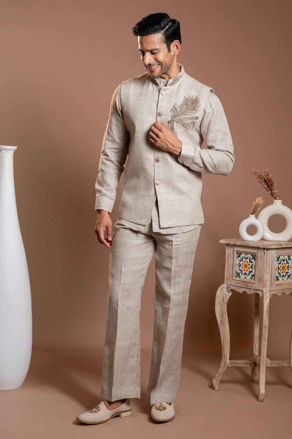 Khaki Linen Koti Set with Moti and Zardosi Work