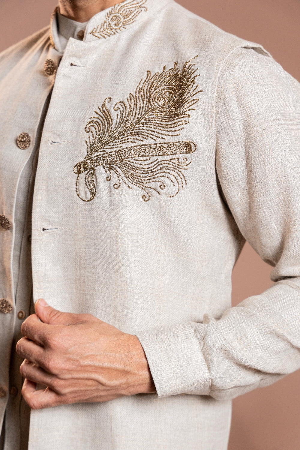 Khaki Linen Koti Set with Moti and Zardosi Work