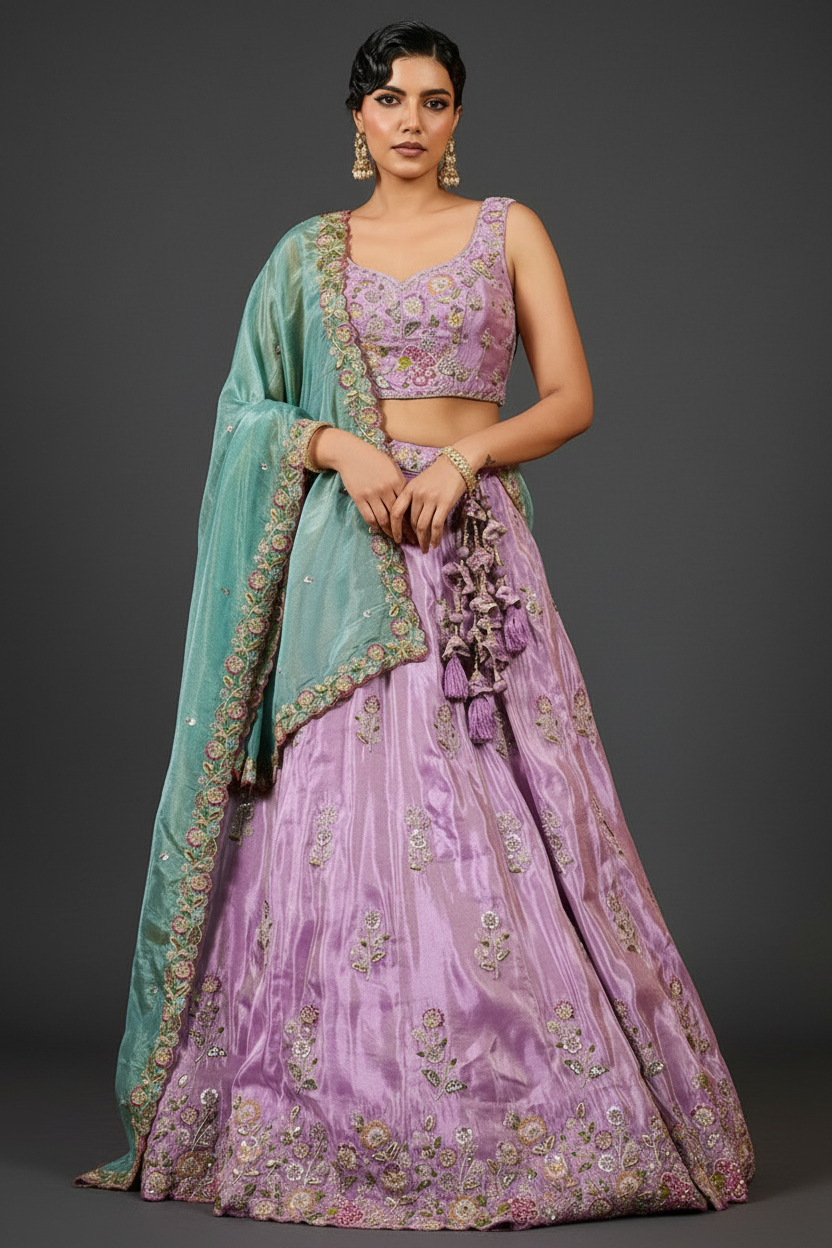LAVNDER SATIN SILK LEHENGA CHOLI WITH MOTI AND SEQUINS