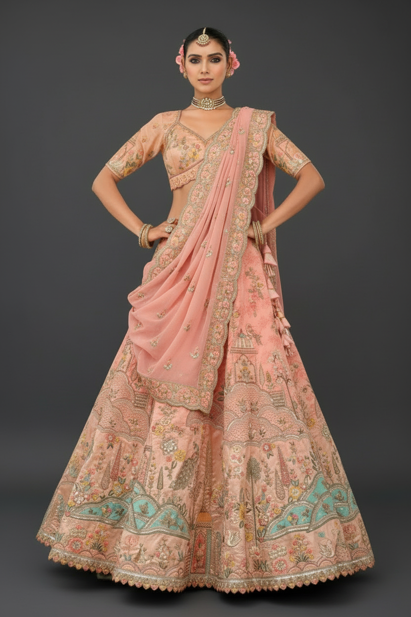 LIGHT PEACH SILK BRIDAL LEHENGA WITH RESHAM EMBROIDERY AND SEQUINS