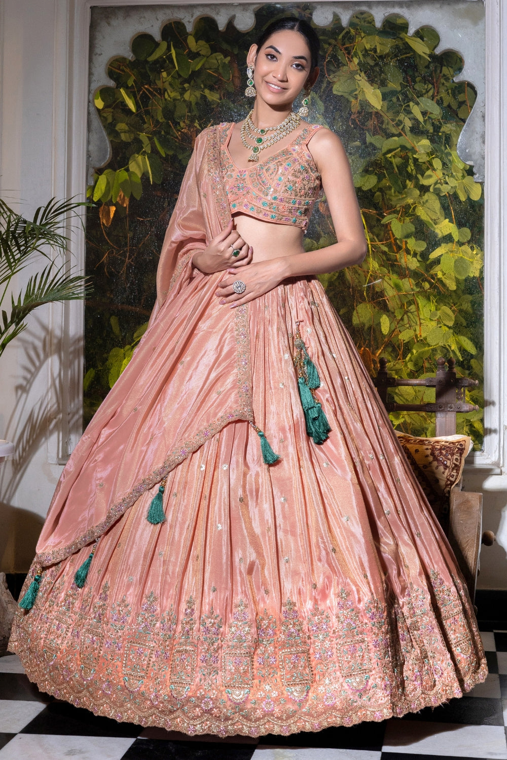 LIGHT PEACH TISSUE LEHENGA CHOLI WITH CUTDANA AND RESHAM EMBROIDERY