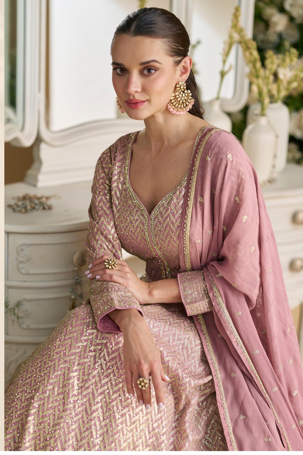LIGHT PINK GEORGETTE ANARKALI SUIT WITH EMBROIDERY AND STONE WORK