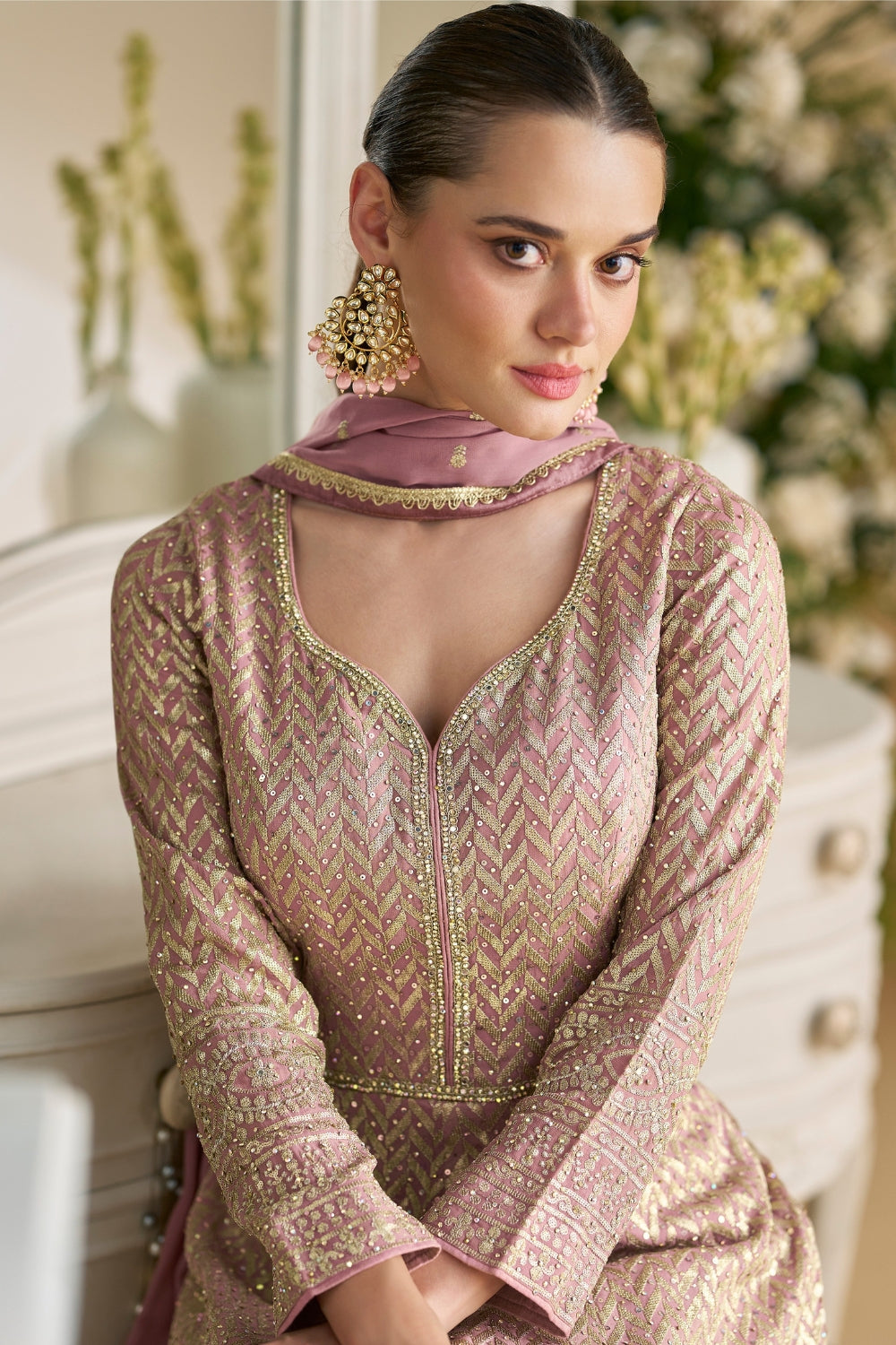 LIGHT PINK GEORGETTE ANARKALI SUIT WITH EMBROIDERY AND STONE WORK