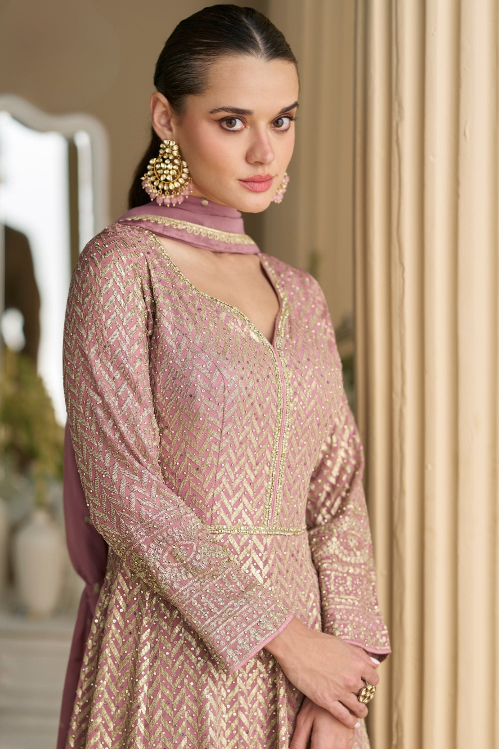LIGHT PINK GEORGETTE ANARKALI SUIT WITH EMBROIDERY AND STONE WORK