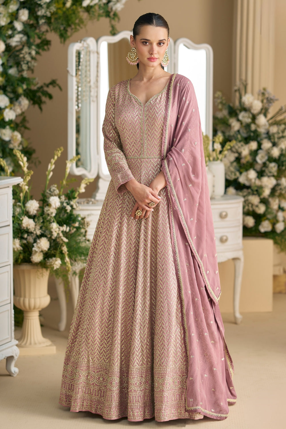 LIGHT PINK GEORGETTE ANARKALI SUIT WITH EMBROIDERY AND STONE WORK