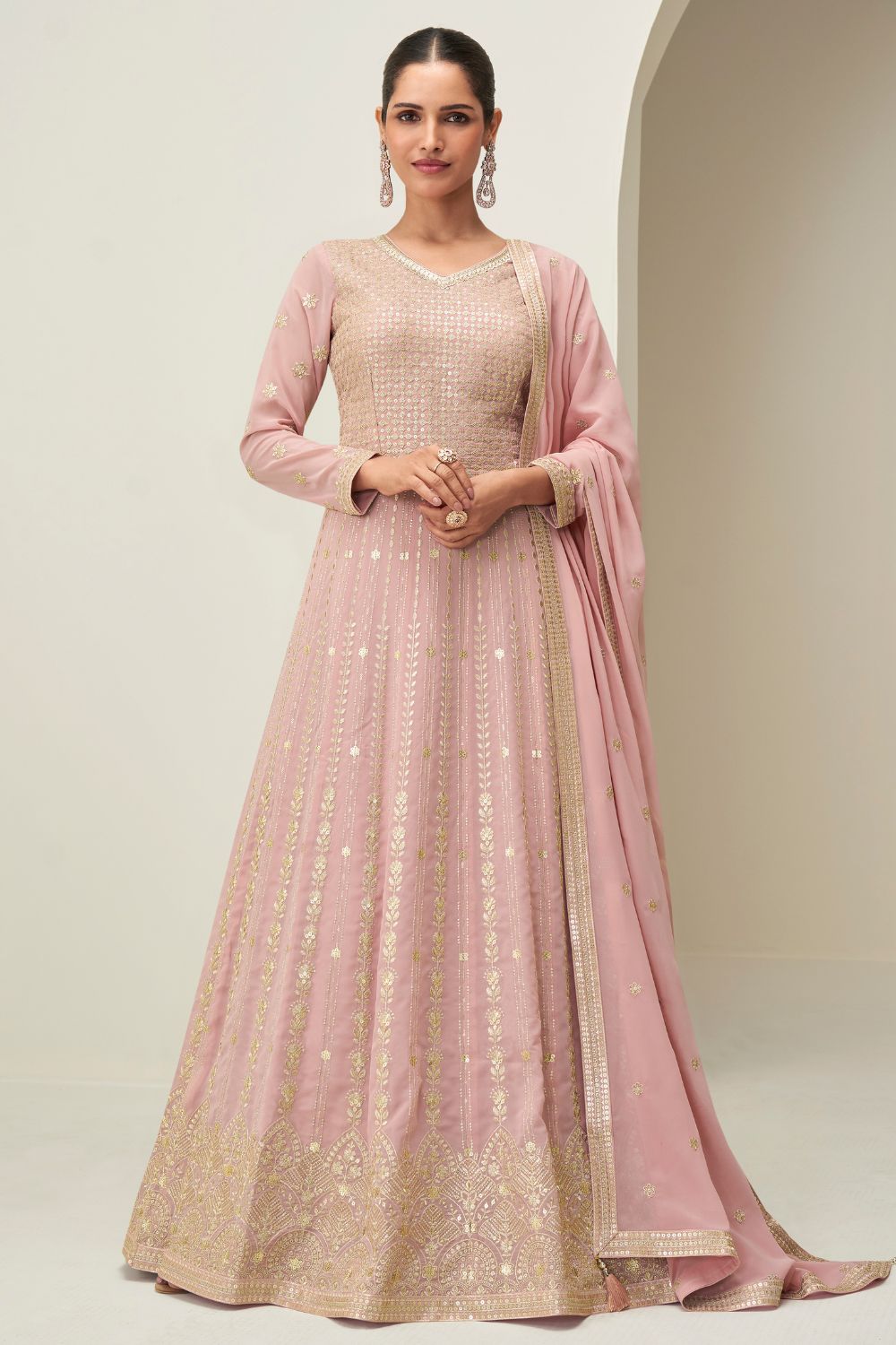 LIGHT PINK GEORGETTE ANARKALI SUIT WITH SEQUINS WORK