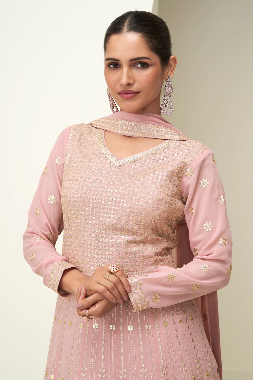 LIGHT PINK GEORGETTE ANARKALI SUIT WITH SEQUINS WORK