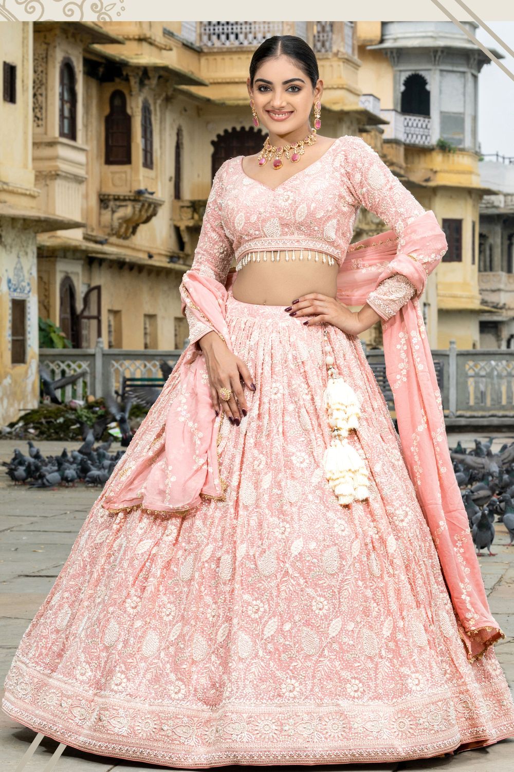 LIGHT PINK GEORGETTE LEHENGA CHOLI WITH MOTI AND CUTDANA WORK