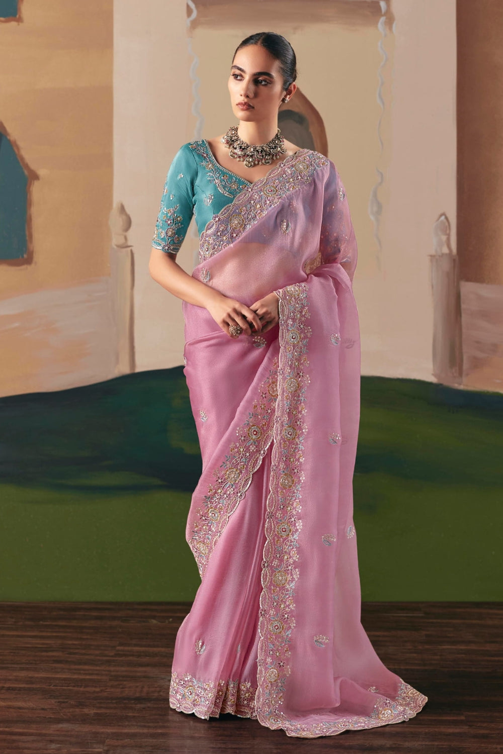 LIGHT PINK ORGANZA TISSUE SAREE WITH SEQUINS AND MOTI WORK