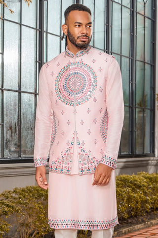 Light Pink Silk Indo Western With Mirror And Resham Embroidery