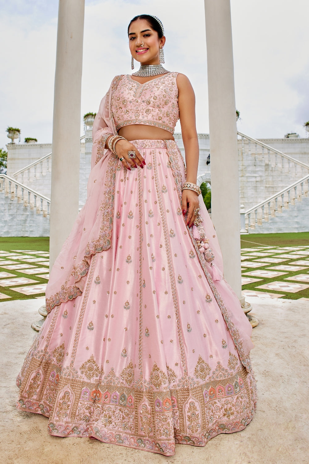 LIGHT PINK SILK LEHENGA CHOLI WITH CUTDANA AND ZARDOSI