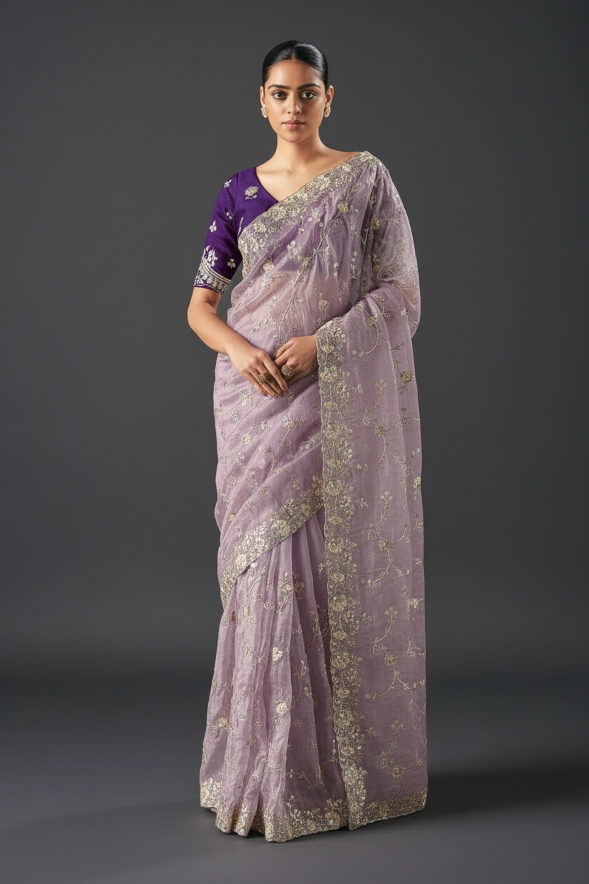 LIGHT PURPLE ORGANZA SAREE WITH RESHAM EMBROIDERY