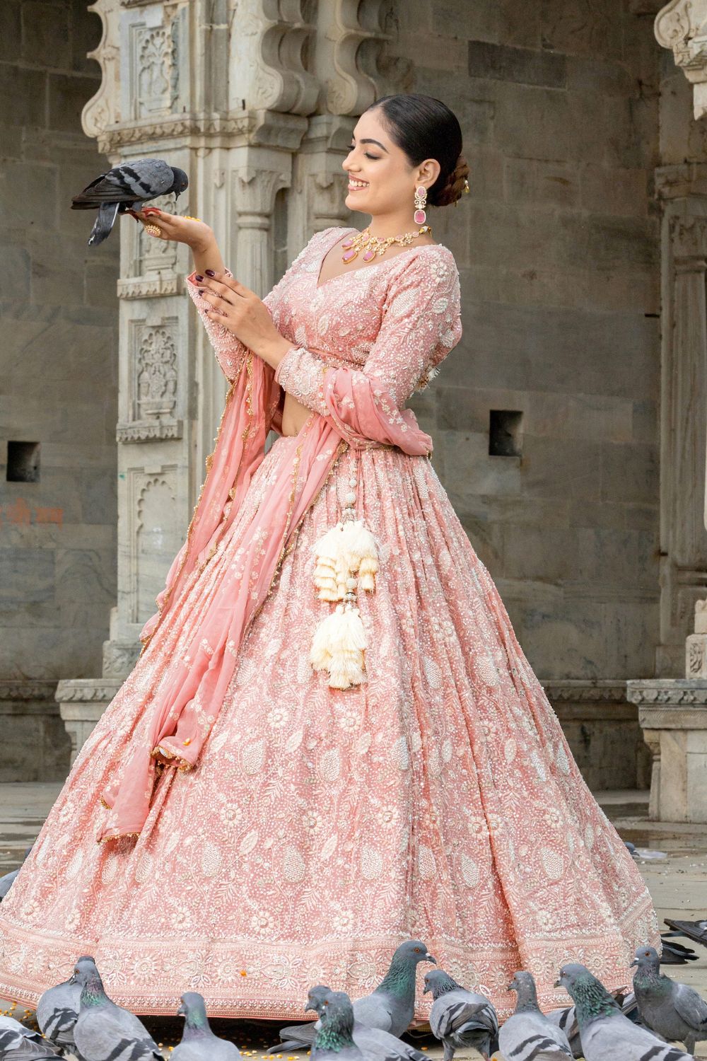 LIGHT PINK GEORGETTE LEHENGA CHOLI WITH MOTI AND CUTDANA WORK